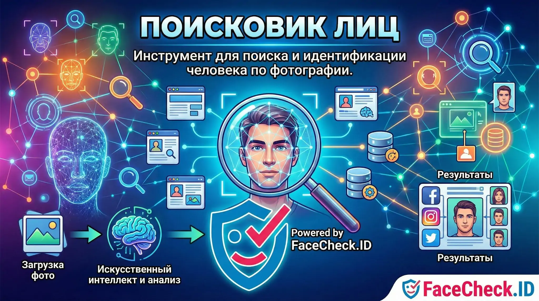 Поисковик лиц FaceCheck.ID использует искусственный интеллект для поиска и идентификации человека по фотографии в базах данных и соцсетях.
