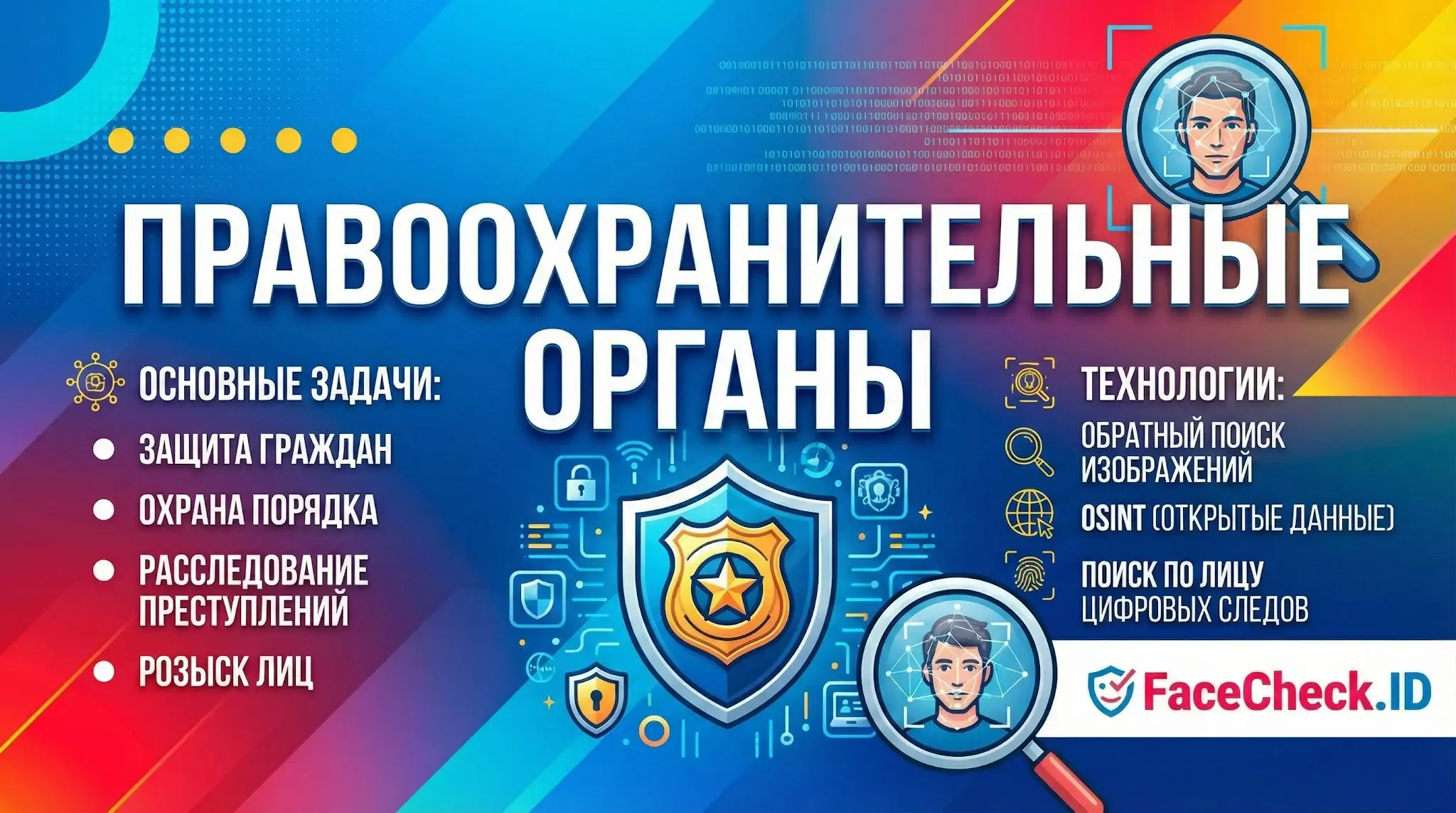Инфографика про Правоохранительные Органы: задачи по защите граждан и технологии поиска лиц и цифровых следов FaceCheck.ID