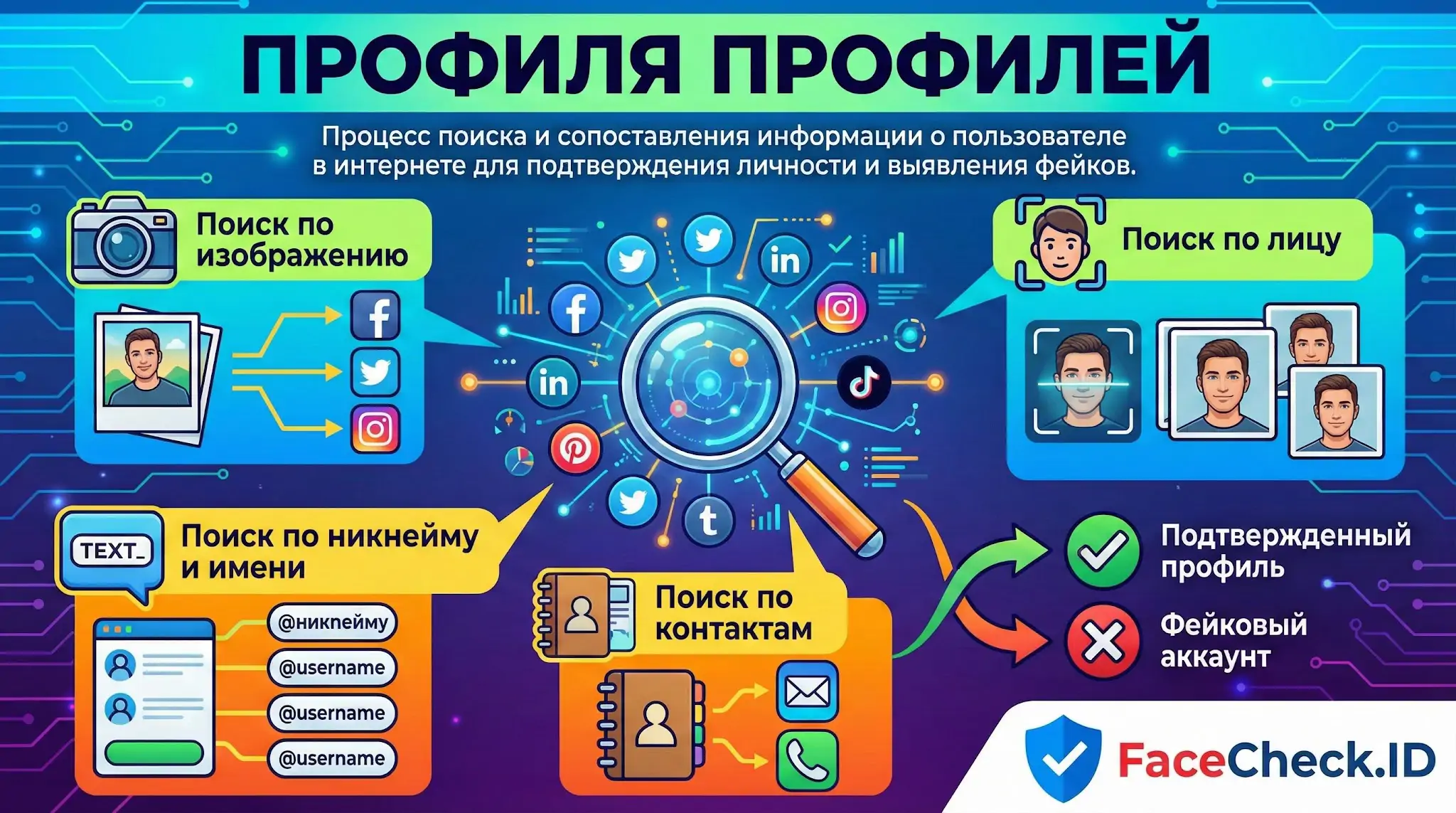 Инфографика: Проверка профилей в интернете по фото, никнейму и контактам для поиска фейков через сервис FaceCheck ID.