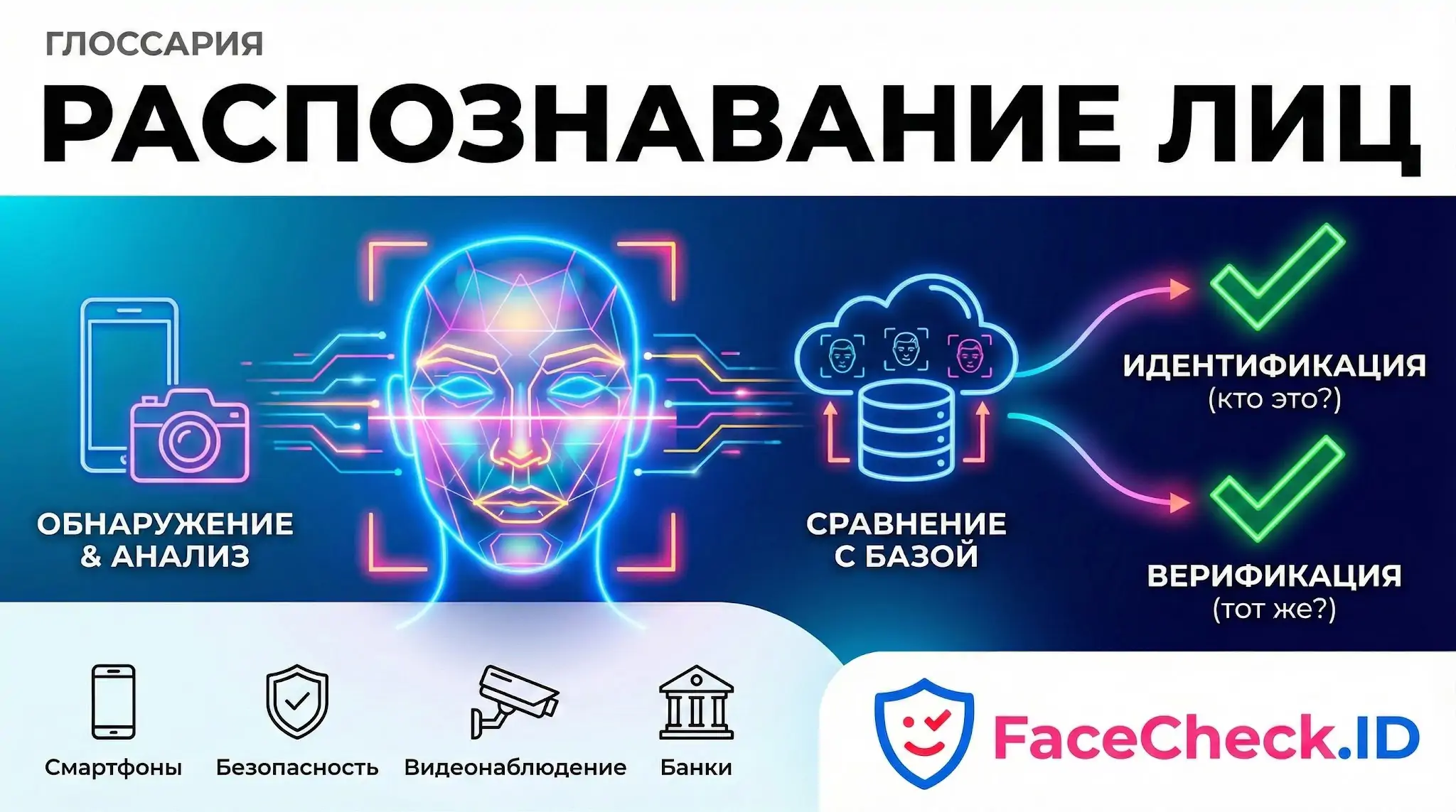 Распознавание Лиц Инфографика Распознавание Лиц: этапы от обнаружения и анализа до сравнения с базой данных для идентификации и верификации личности.