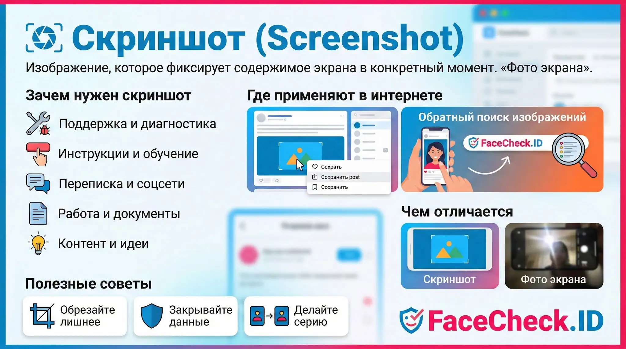 Инфографика про скриншот: определение, зачем он нужен, где применяется в интернете и полезные советы по созданию снимков экрана.