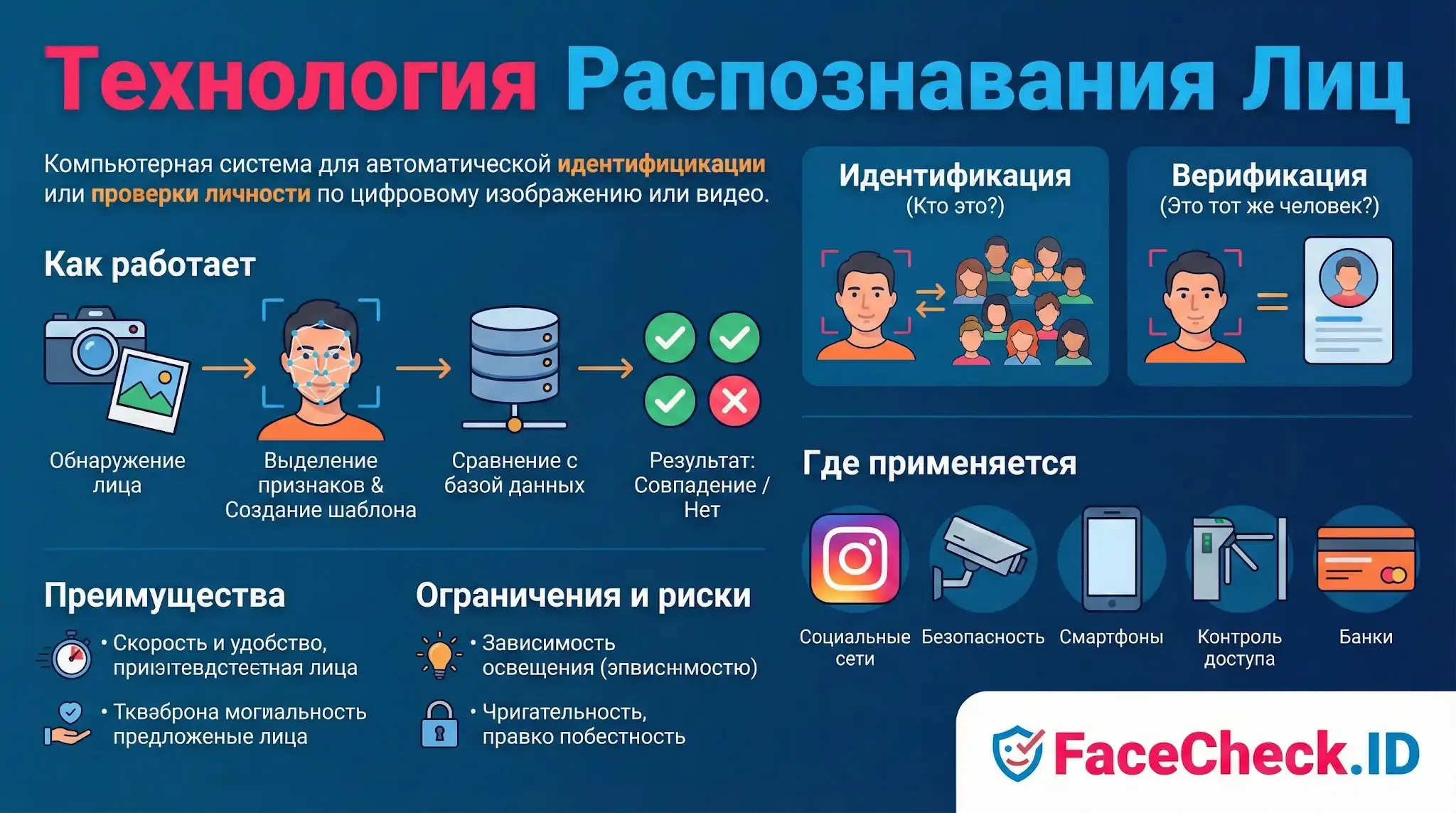 Инфографика Технология Распознавания Лиц: принцип работы системы, сравнение идентификации и верификации, сферы применения и аналитика FaceCheck.ID.