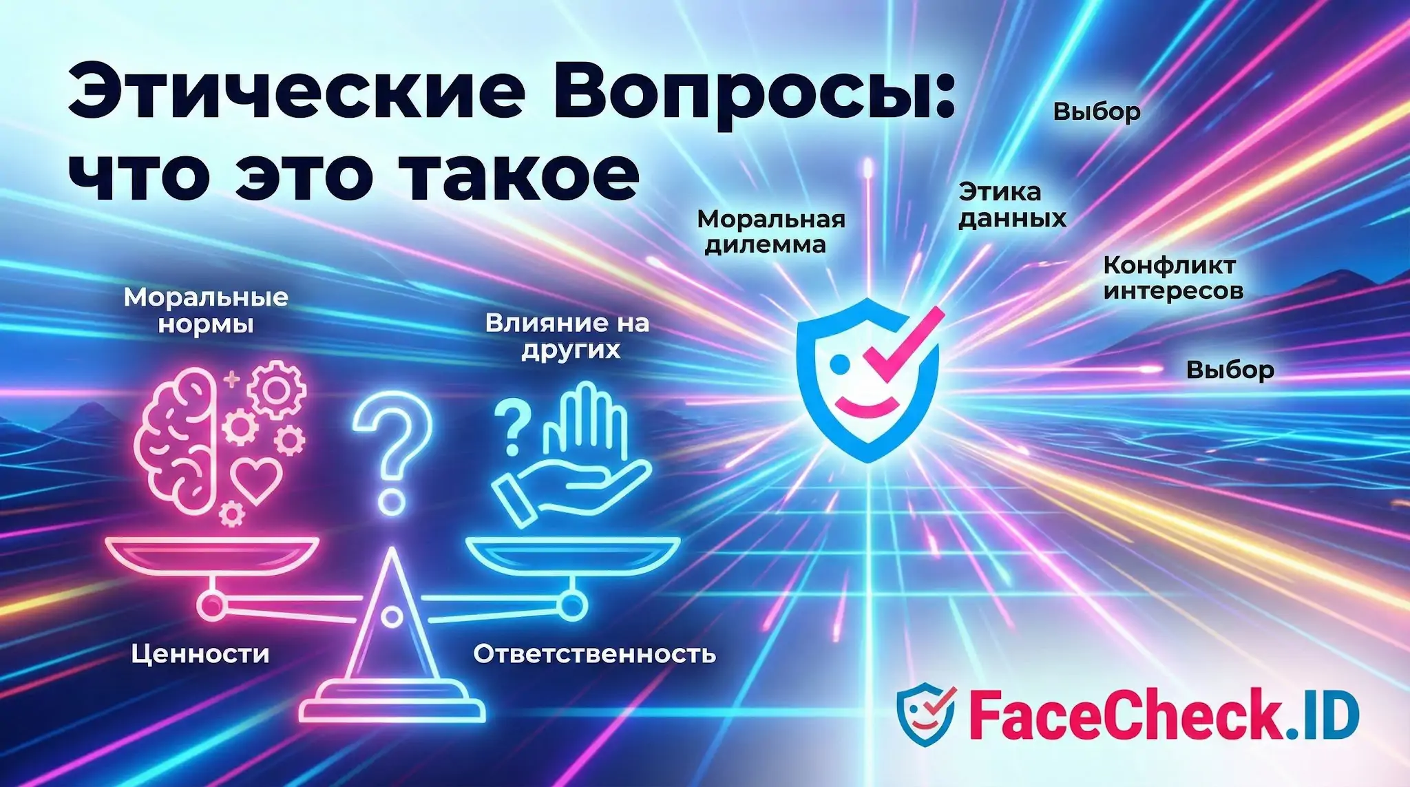 Инфографика про этические вопросы: что это такое, показывающая весы с ценностями и ответственностью, а также щит с выбором.