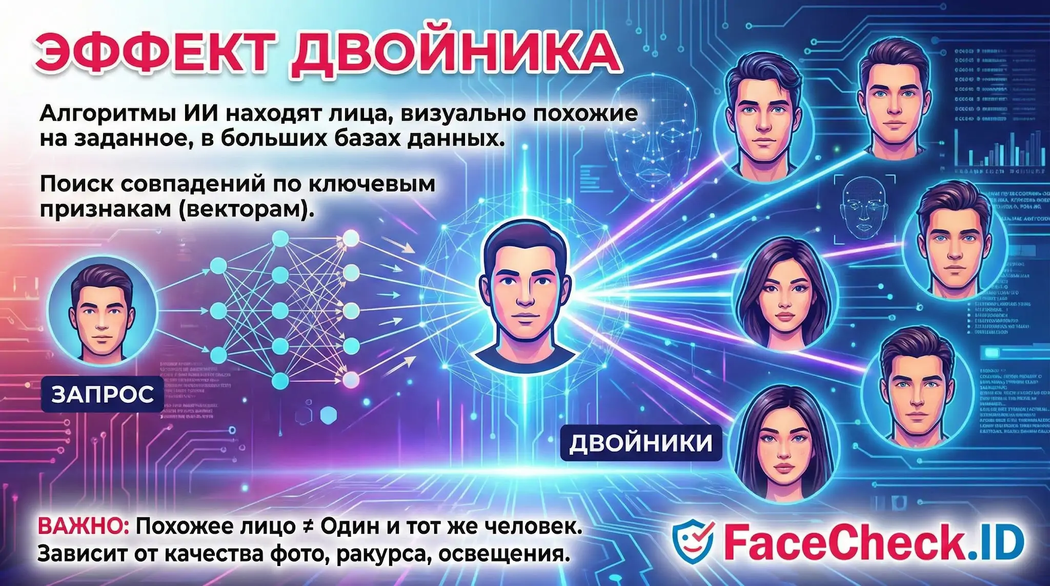 Инфографика FaceCheck.ID: как алгоритмы ИИ находят лица в базах данных и создают Эффект Двойника, сравнивая векторы