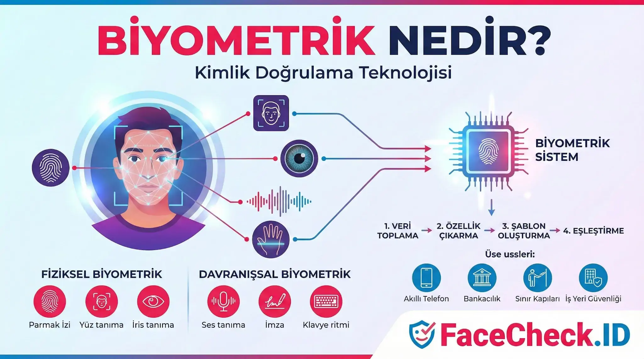 Biyometrik nedir, kimlik doğrulama teknolojisi, fiziksel ve davranışsal biyometrik türleri ile kullanım alanlarını gösteren infografik.