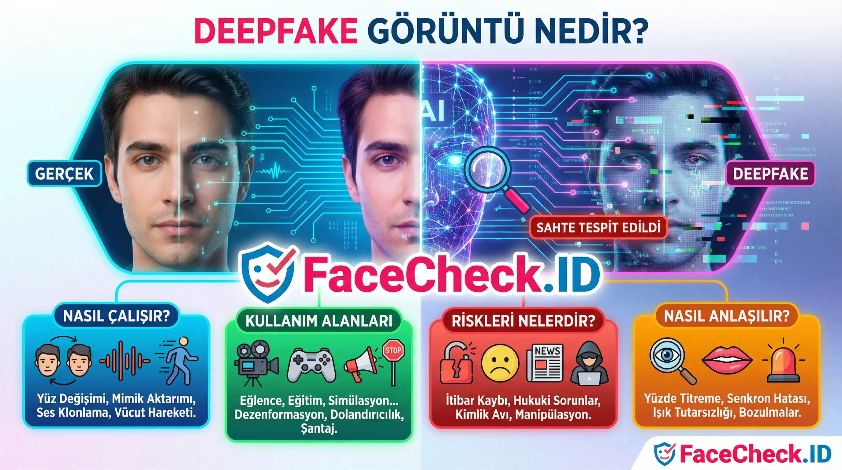 Deepfake Görüntü Deepfake görüntü nedir ve nasıl anlaşılır, gerçek ve sahte yüz kıyaslamasıyla FaceCheck.ID infografiği.
