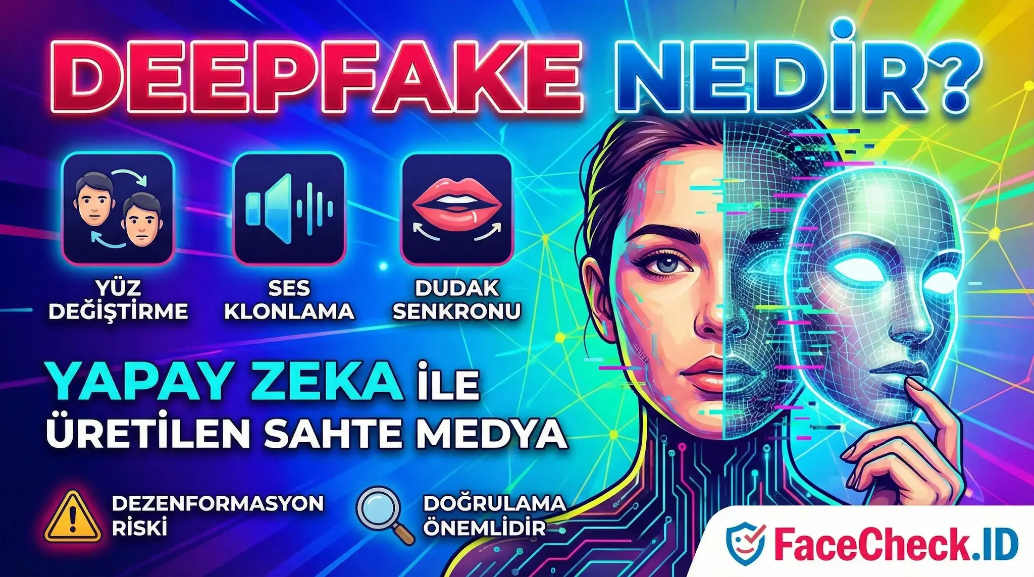 Deepfake Yapay zeka ile üretilen sahte medya anlamına gelen Deepfake nedir, yüz değiştirme, ses klonlama ve dudak senkronu gibi teknikleri açıklayan bilgilendirici grafik.