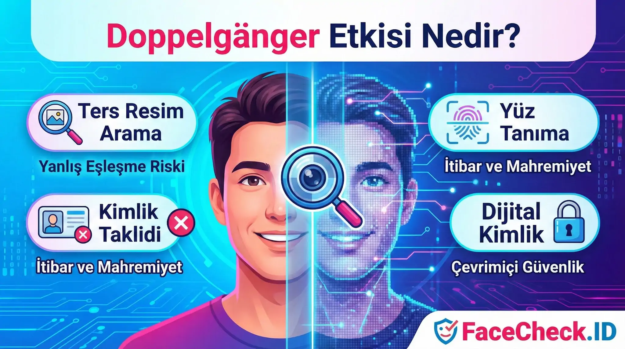 Doppelgänger Etkisi nedir sorusunu yanıtlayan, yüz tanıma, ters resim arama ve dijital kimlik güvenliği risklerini açıklayan infografik.
