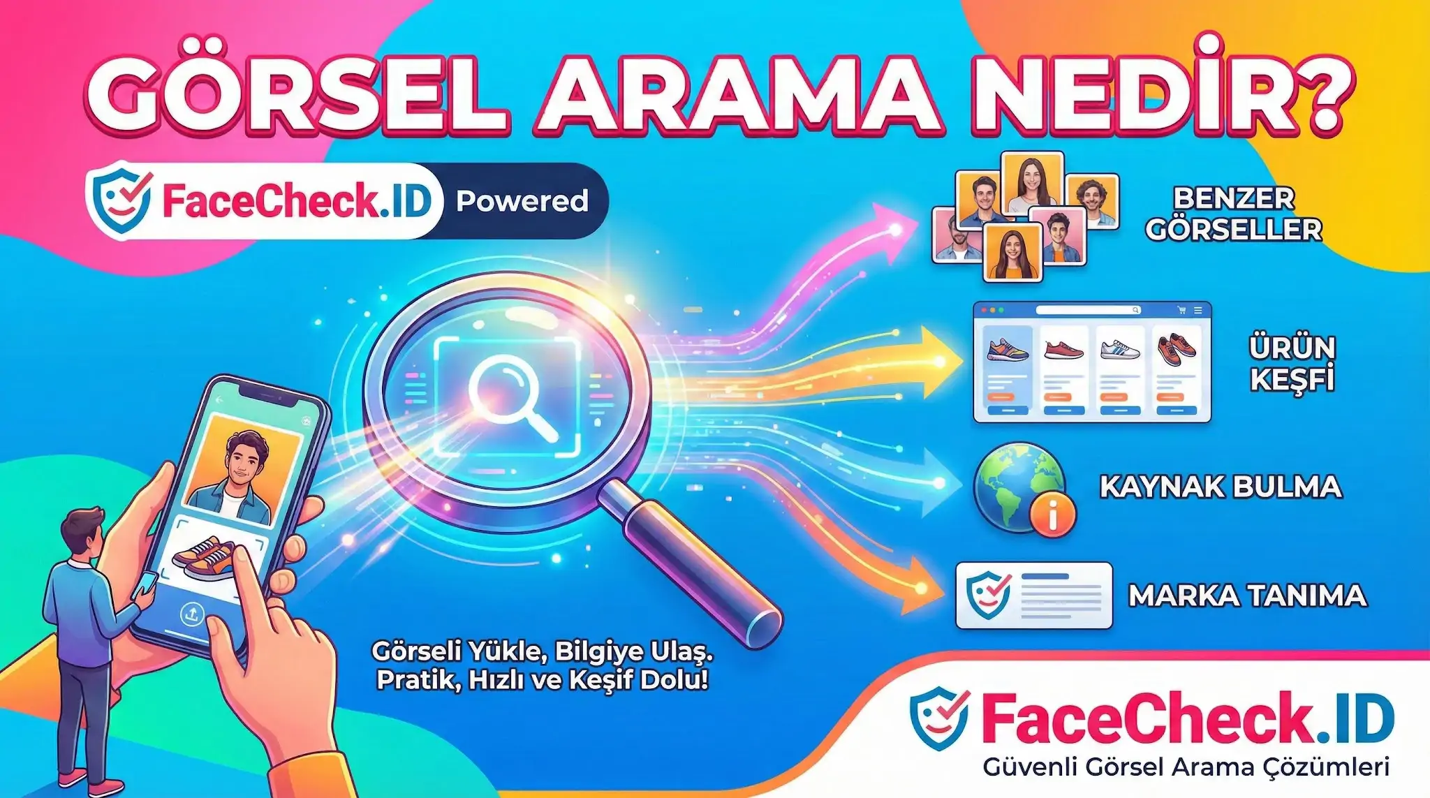 FaceCheck.ID ile görsel arama nedir sorusunu yanıtlayan, benzer görseller, ürün keşfi, kaynak bulma ve marka tanıma özelliklerini gösteren bilgilendirici afiş.