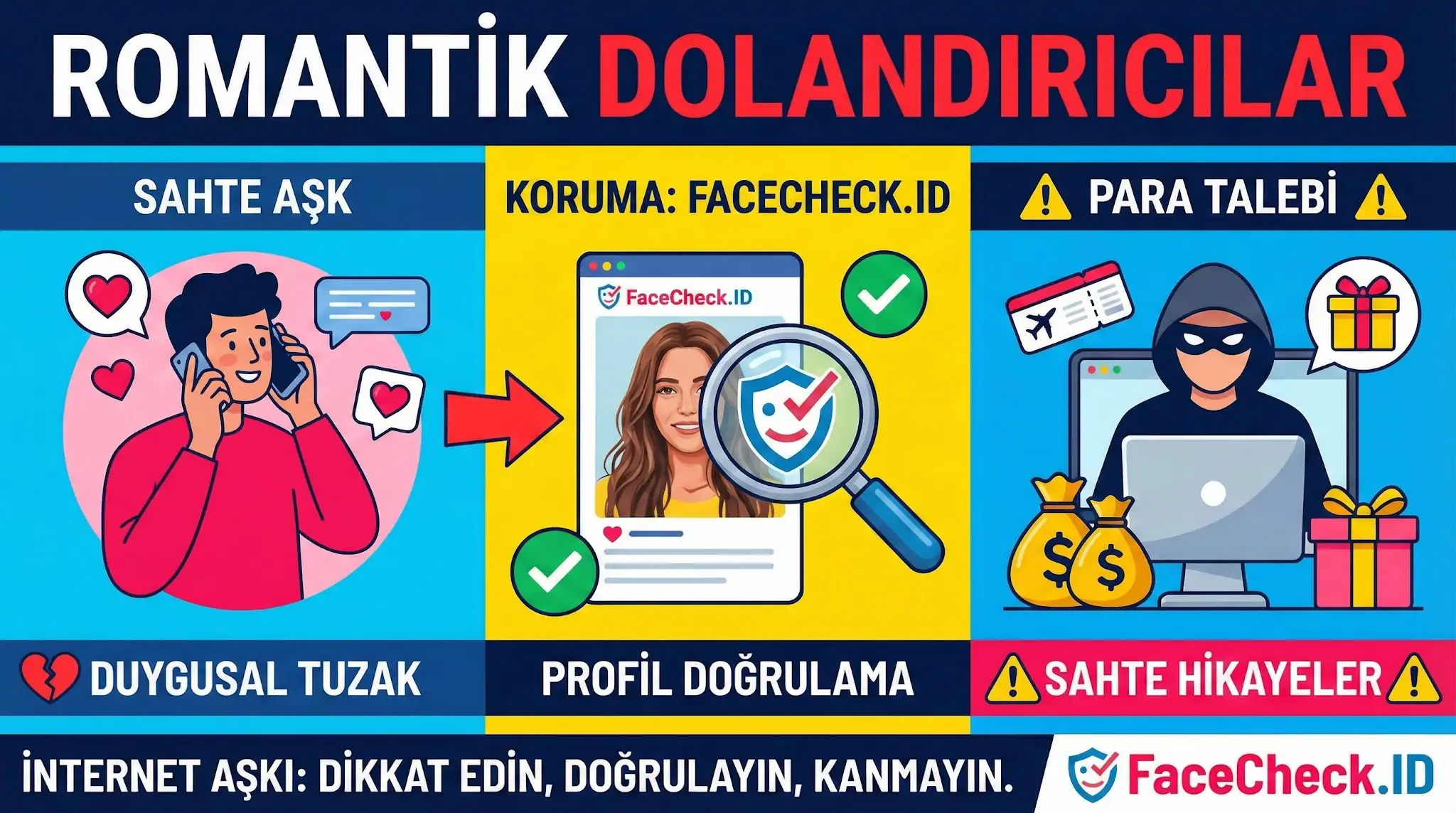 Romantik dolandırıcılar ve sahte aşklara karşı FaceCheck.ID ile profil doğrulama yaparak para ve duygu tuzaklarından korunun.