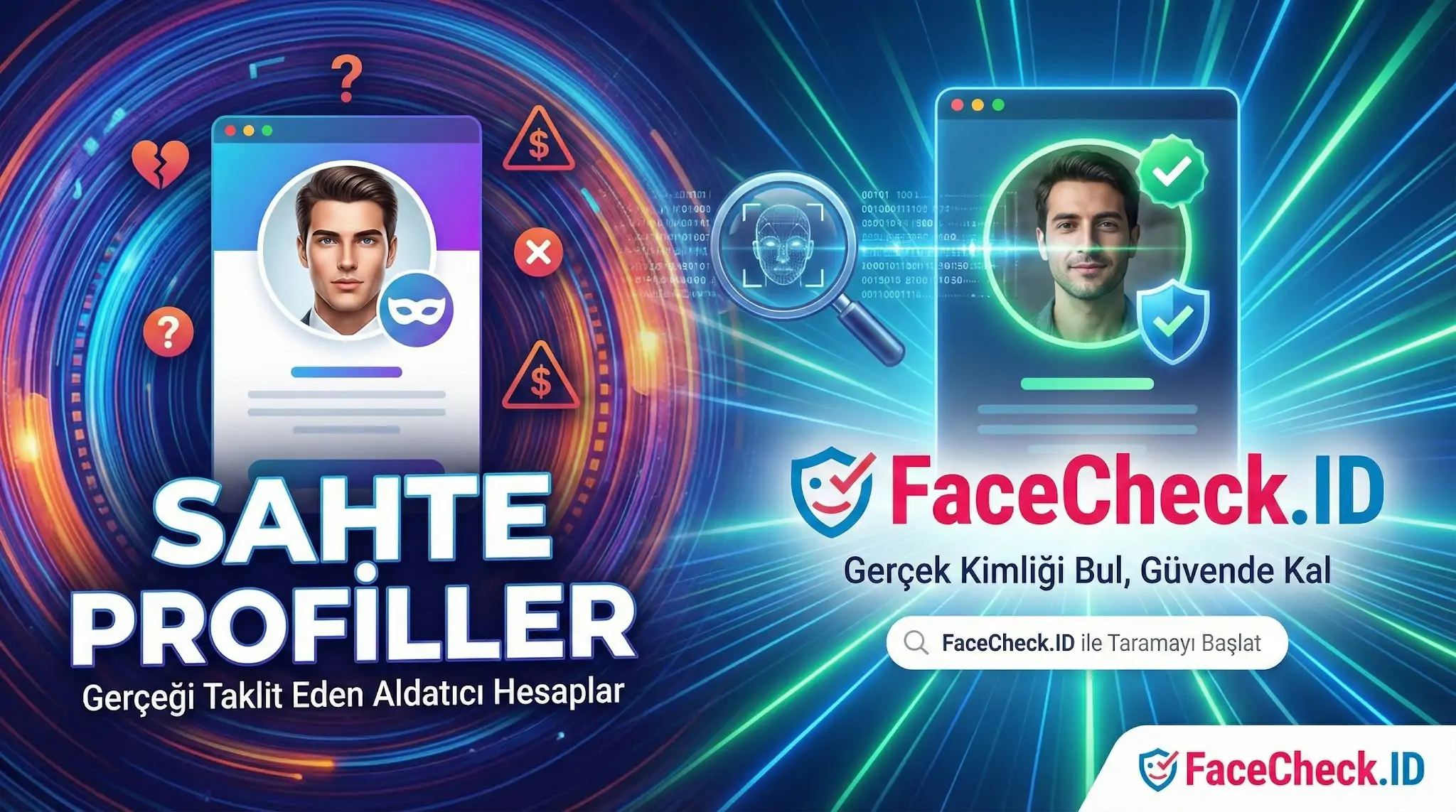 Sahte profilleri tespit eden FaceCheck.ID aracı; solda şüpheli bir profil, sağda ise taranmış ve doğrulanmış gerçek kimlik gösteriliyor.
