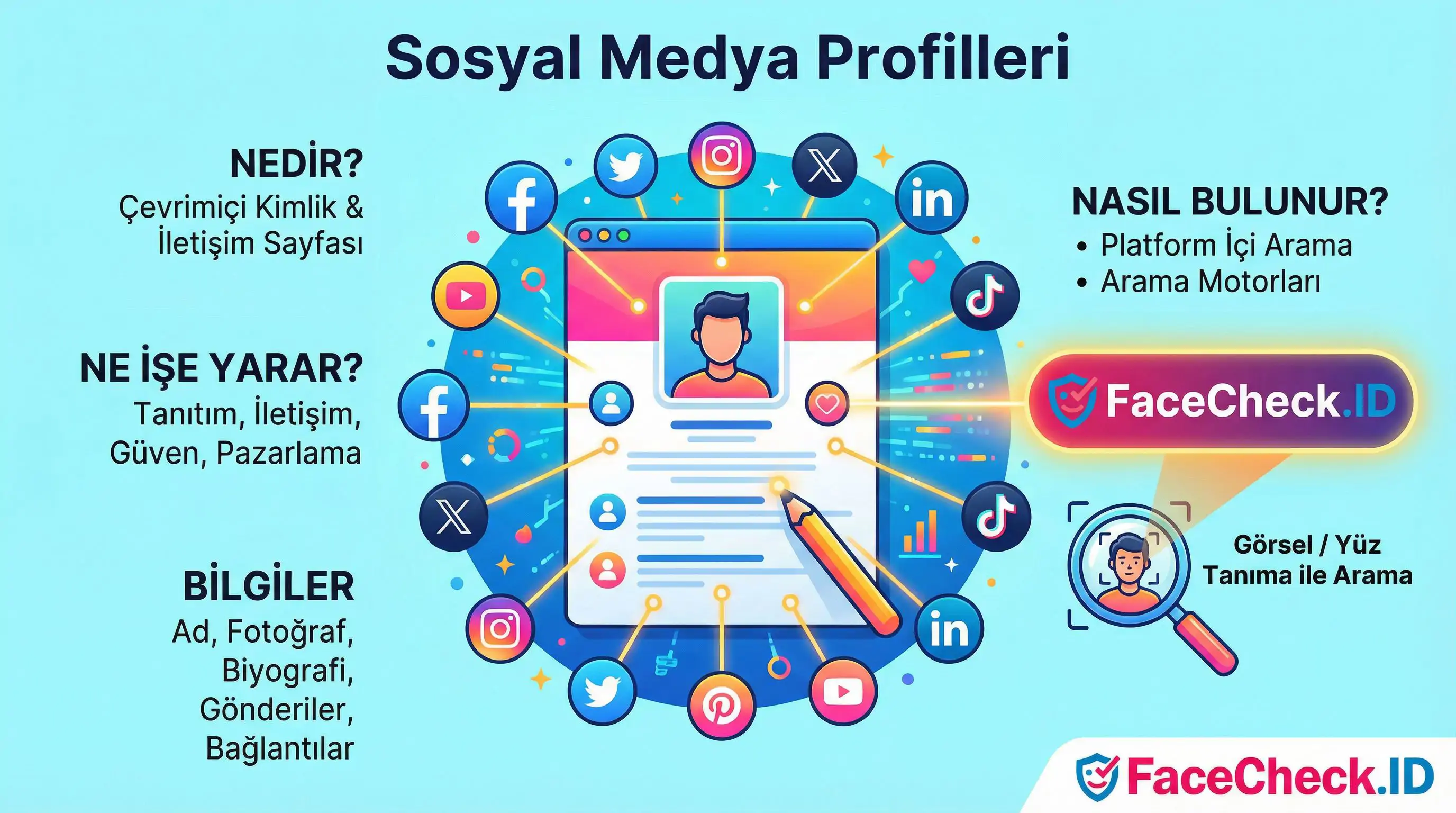 Sosyal medya profilleri infografiği; çevrimiçi kimlik, iletişim, tanıtım amaçları ve görsel arama ile kişi bulma yöntemlerini açıklar.