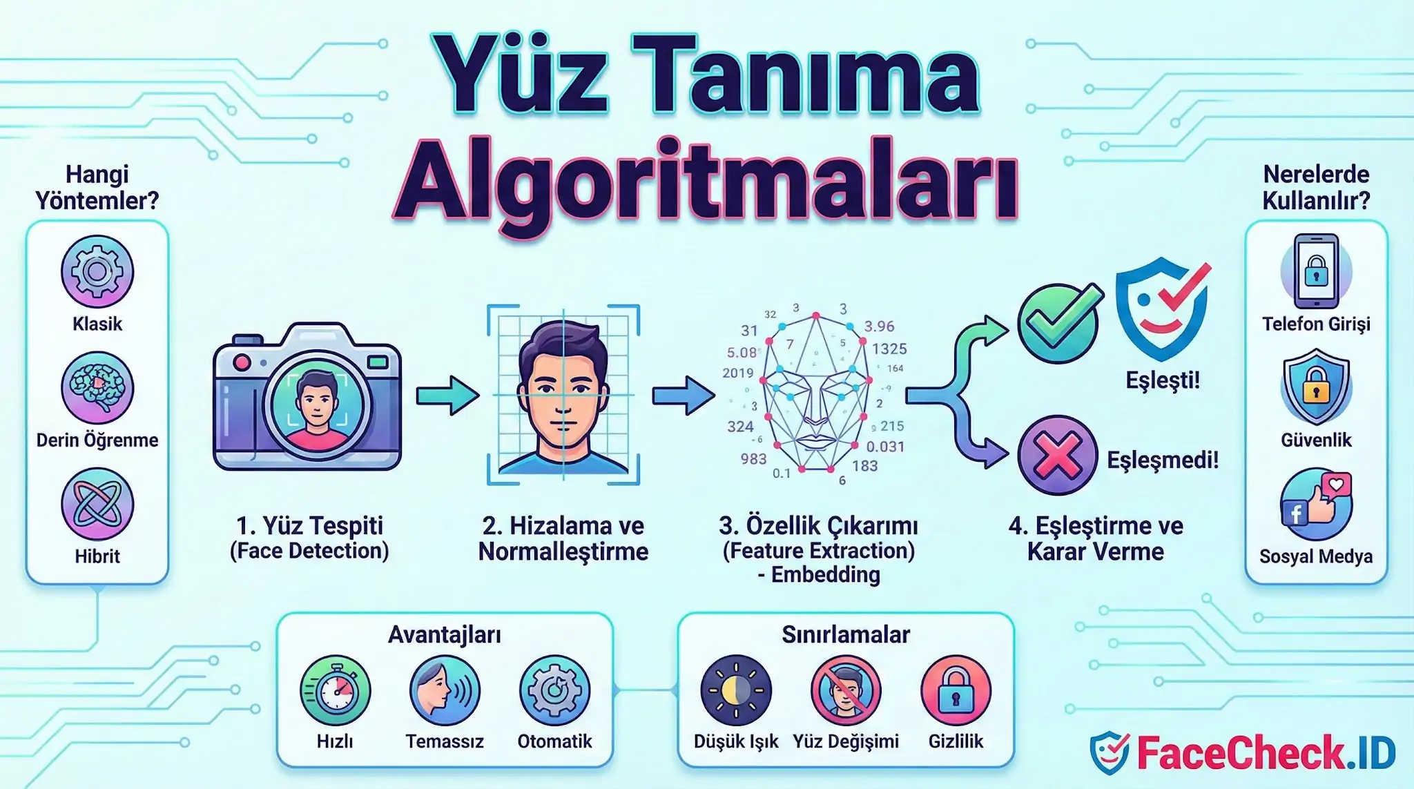 Yüz Tanıma Algoritmaları çalışma prensibi; yüz tespiti, hizalama, özellik çıkarımı adımlarını, kullanım alanlarını ve avantajlarını açıklayan infografik.