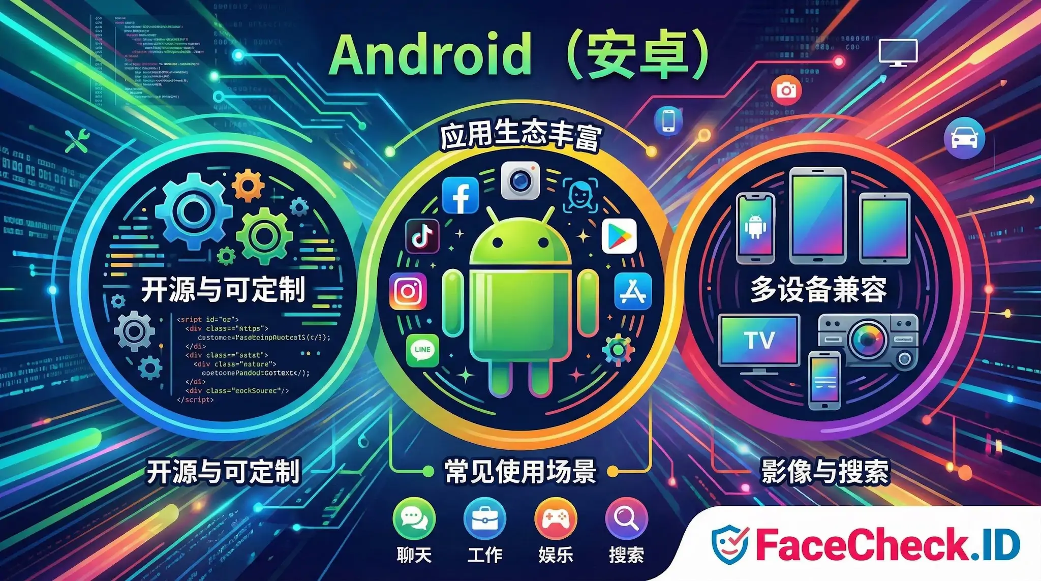 Android 介绍Android系统主要特点的三环信息图表,展示了开源与可定制性、丰富的应用生态和多设备兼容能力,并列举了聊天、工作、娱乐和搜索等常见使用场景。