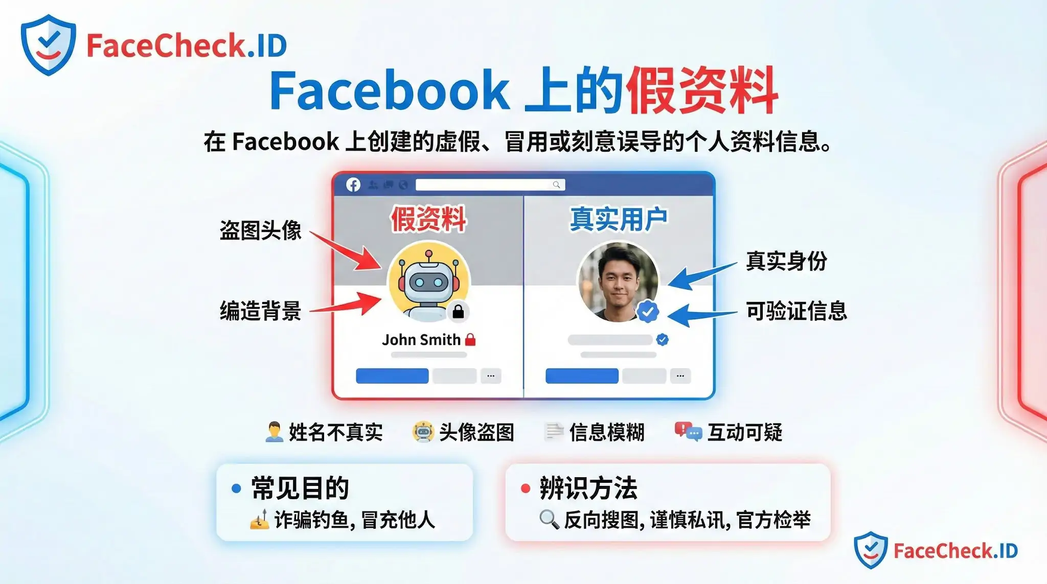 这是FaceCheck ID的一张信息图，解释了如何识别 Facebook 上的假资料。图中对比了使用盗图头像和编造背景的假账号与具有真实身份和可验证信息的真实用户，并列出常见诈骗目的及反向搜图等辨识方法。