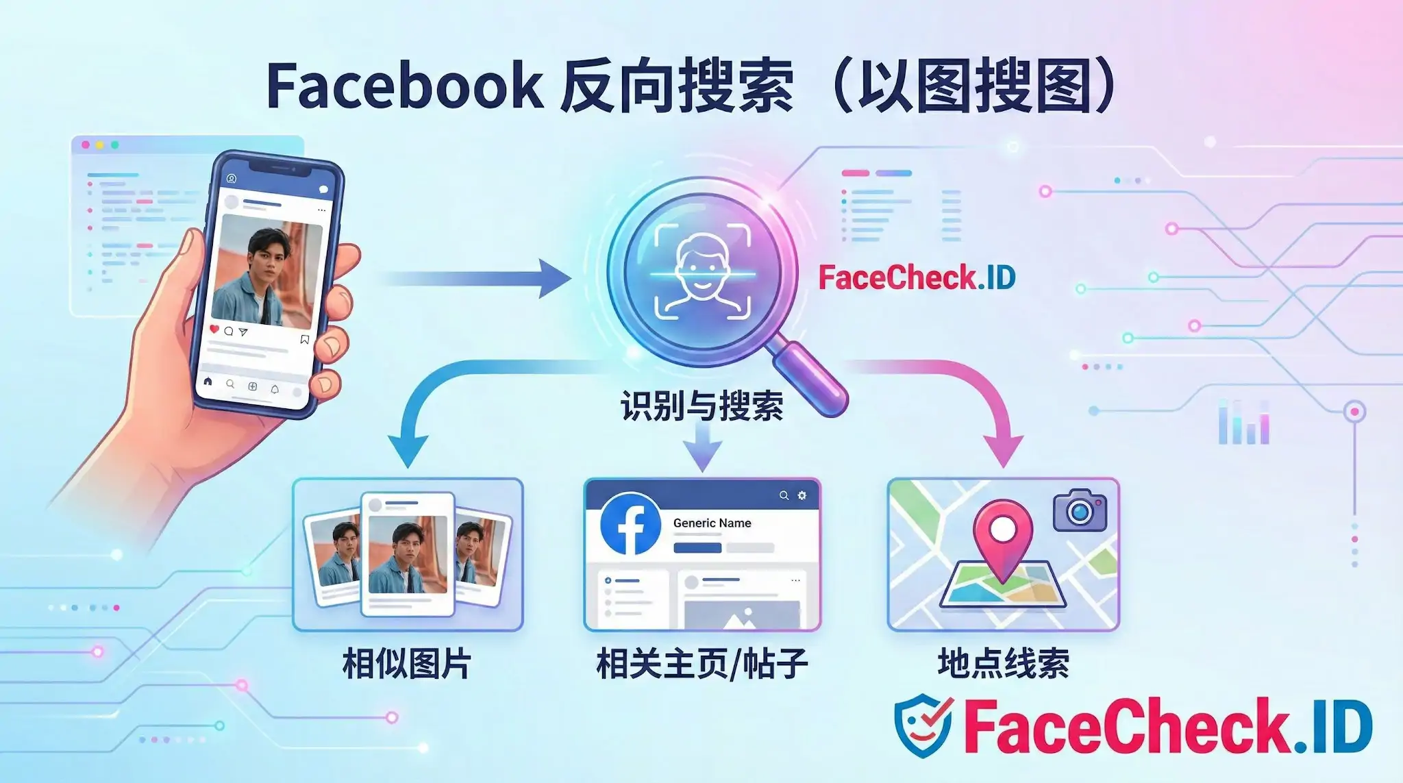 使用 FaceCheck.ID 进行 Facebook 反向搜索（以图搜图）的信息图，展示了通过上传照片来识别并查找相似图片、相关主页/帖子及地点线索的流程。