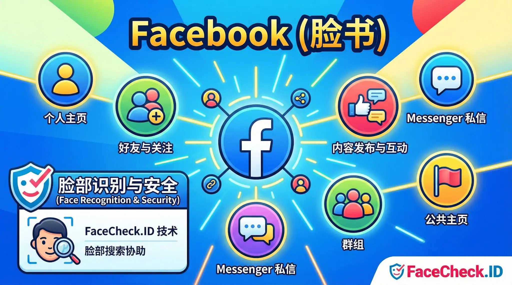 Facebook中文功能介绍图：展示了个人主页、好友关注、Messenger 私信、公共主页、群组等核心板块，以及 FaceCheck.ID 的脸部识别与安全搜索功能。