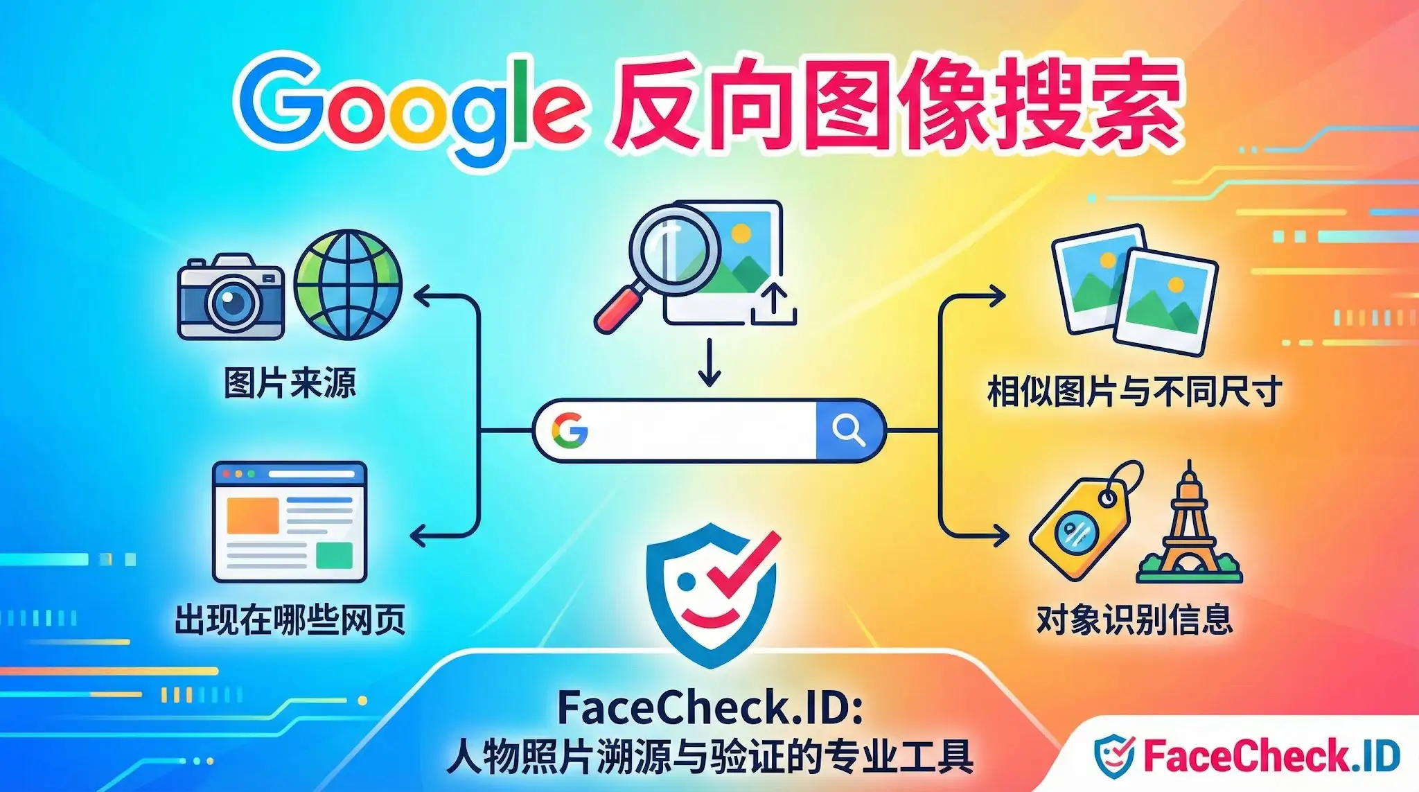 Google 反向图像搜索功能示意图，展示了四个主要用途：查找图片来源、发现图片出现的网页、寻找相似图片与不同尺寸以及对象识别信息，底部推荐了 FaceCheck.ID 工具。