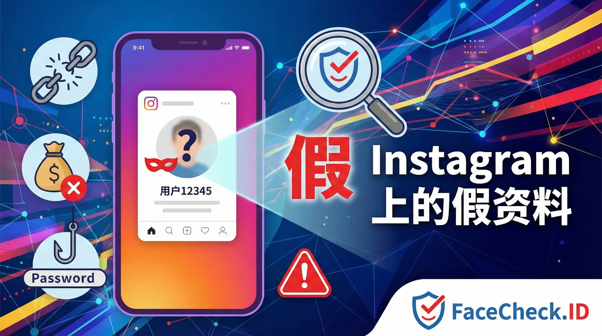 Instagram 上的假资料 插图显示手机屏幕上有一个带问号面具的个人资料,以此展示 Instagram 上的假资料。图中包含放大镜、断链、偷钱袋和密码钓鱼钩等图标,代表欺诈风险,底部还有 FaceCheck.ID 标志。