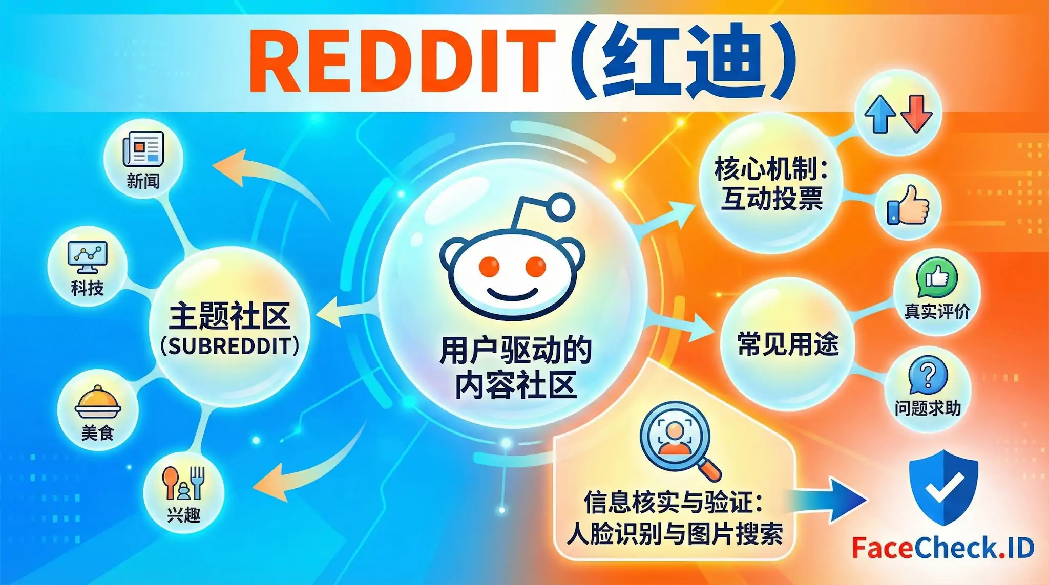 介绍Reddit(红迪)核心功能的图表，展示了Subreddit主题社区、互动投票机制及常见用途，如真实评价和问题求助，并提及FaceCheck.ID进行信息核实。