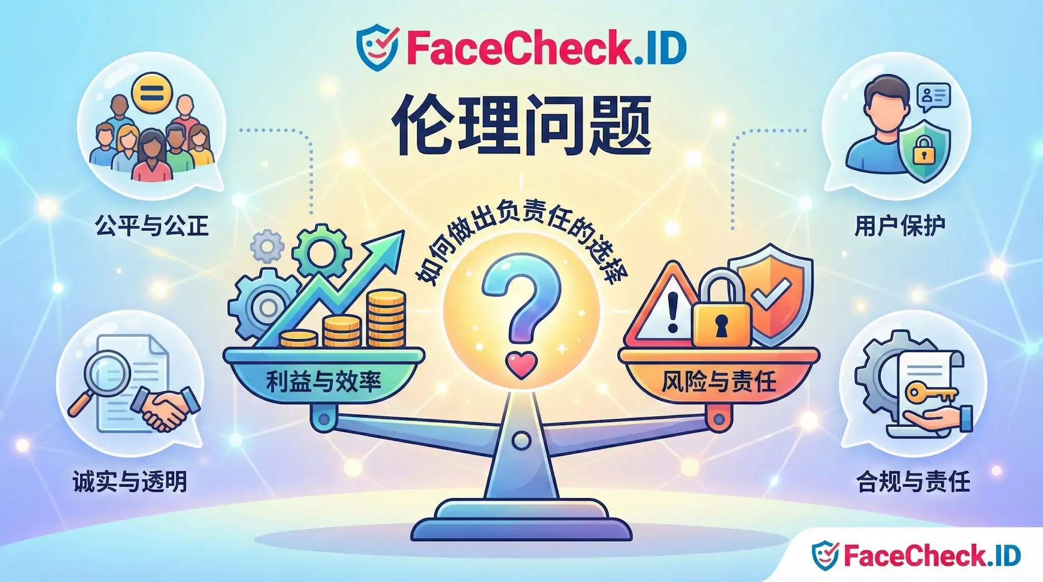 FaceCheck.ID伦理问题信息图，展示利益与效率同风险与责任在天平两端的权衡，强调公平公正、用户保护、诚实透明及合规责任四个关键原则，探讨如何做出负责任的选择。