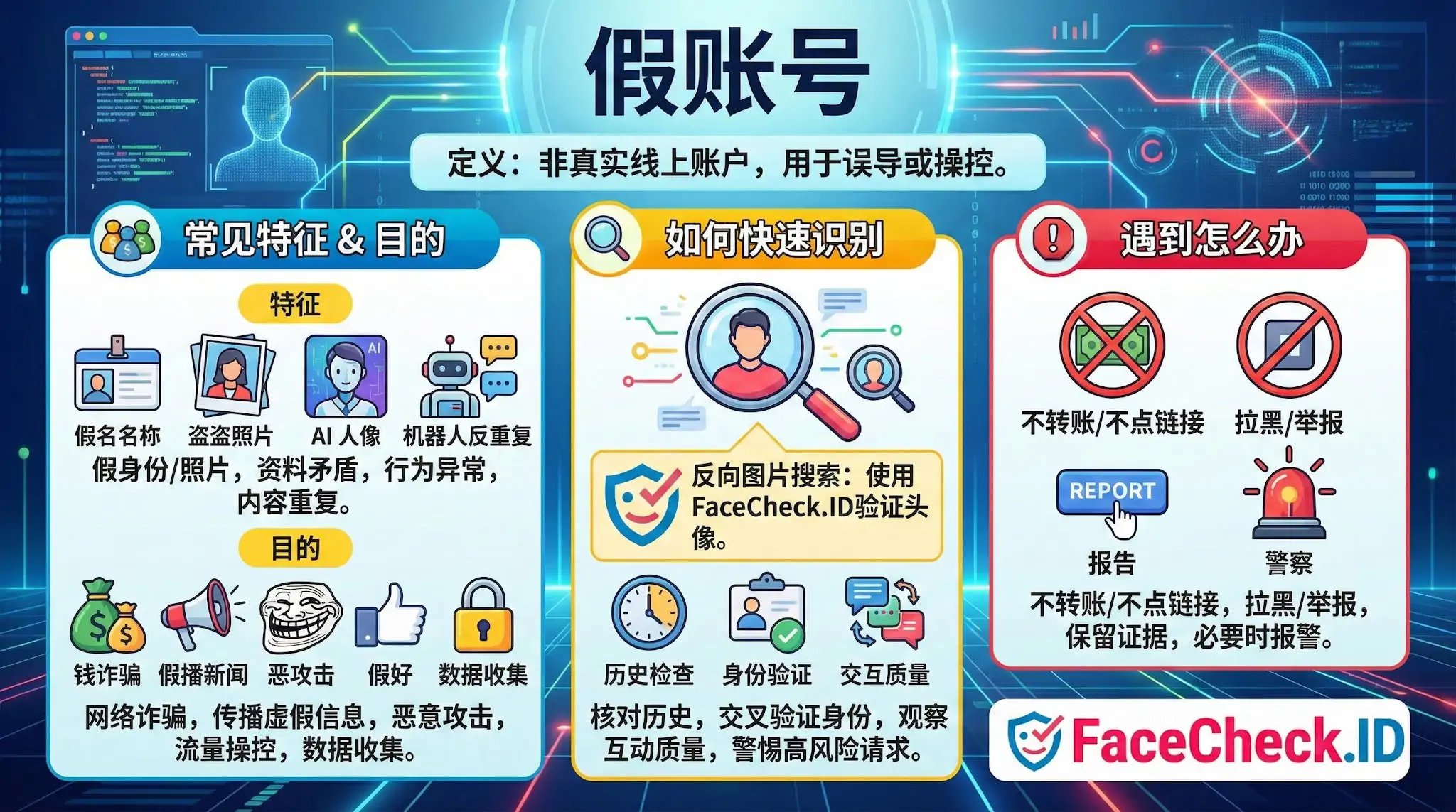假账号防范指南信息图，详细介绍了假账户的常见特征（如AI头像、假身份）与目的（网络诈骗、恶意攻击），提供了快速识别技巧以及遇到假账号时的应对措施，包括不转账、拉黑举报和保留证据。