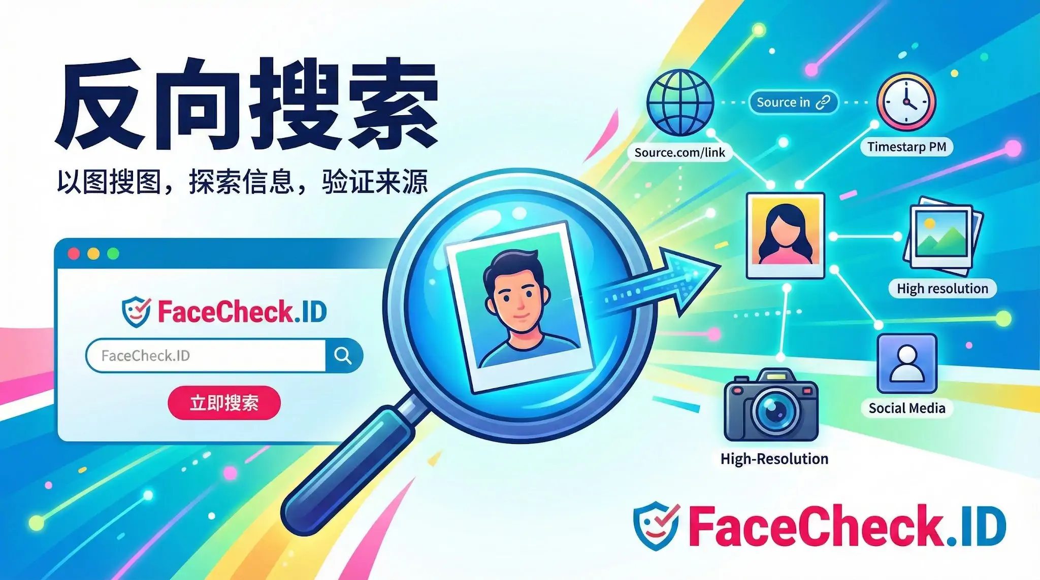 FaceCheck.ID反向搜索功能示意图，展示放大镜分析人脸照片并关联到社交媒体和高清图源，通过以图搜图验证信息来源