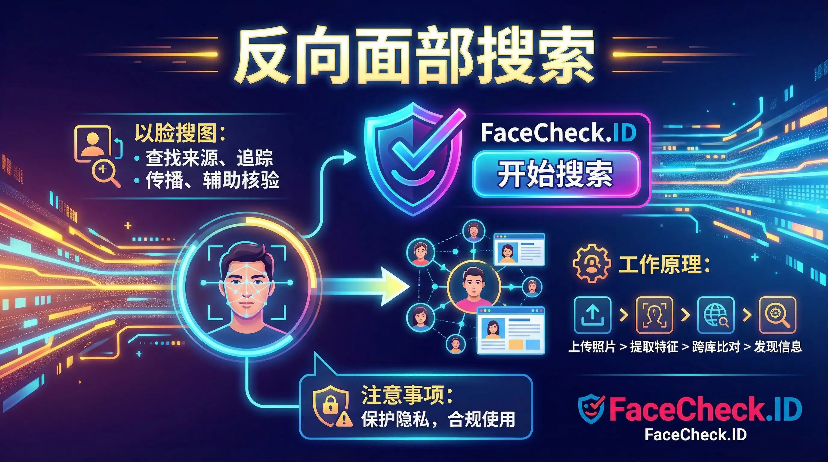 这是一张介绍FaceCheck.ID反向面部搜索工具的信息图。图中包含“以脸搜图”功能说明，展示了上传照片、提取特征、跨库比对等工作原理，并强调了保护隐私及合规使用的注意事项。