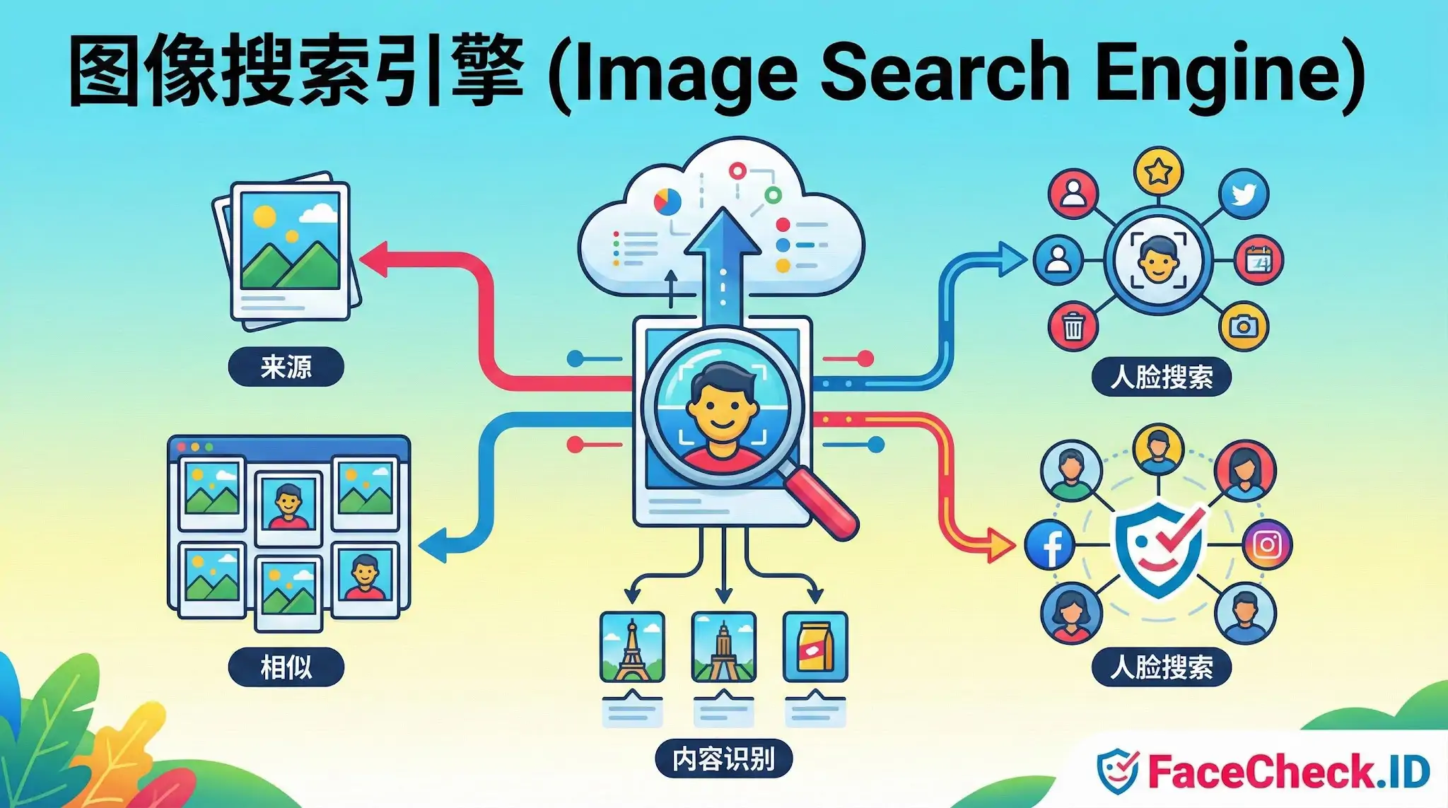 展示图像搜索引擎工作原理的信息图：中央的放大镜扫描人脸，箭头指向来源图片、相似图片查找、对象内容识别（如地标），以及用于人脸搜索的社交网络面部识别功能，并标有FaceCheck.ID标志。