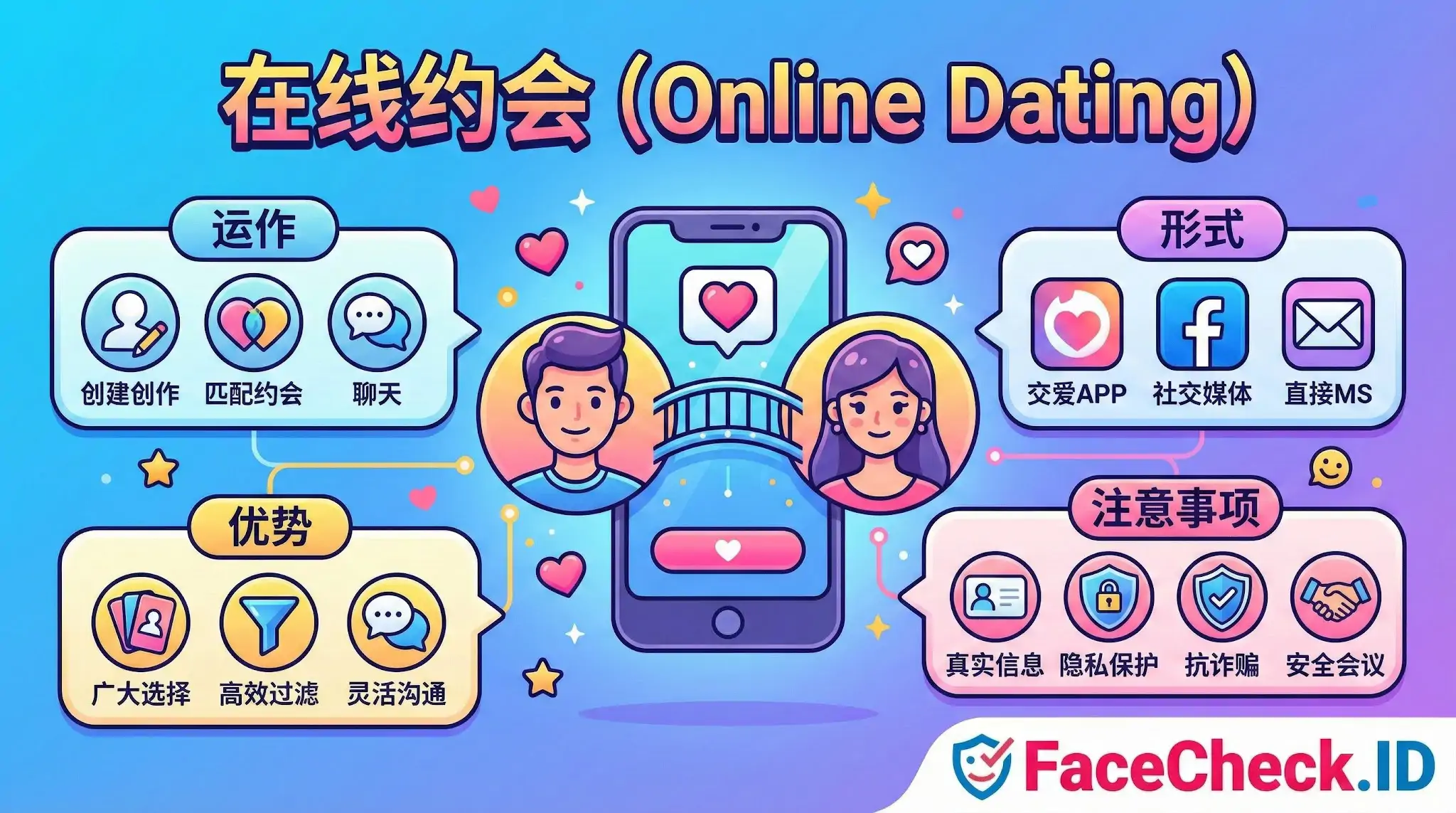 在线约会 (Online Dating) 信息图，展示其运作、优势、形式和注意事项。图解包括手机交友应用、社交媒体和隐私保护建议，如提供真实信息和防诈骗。FaceCheck.ID 也展示在图表中。