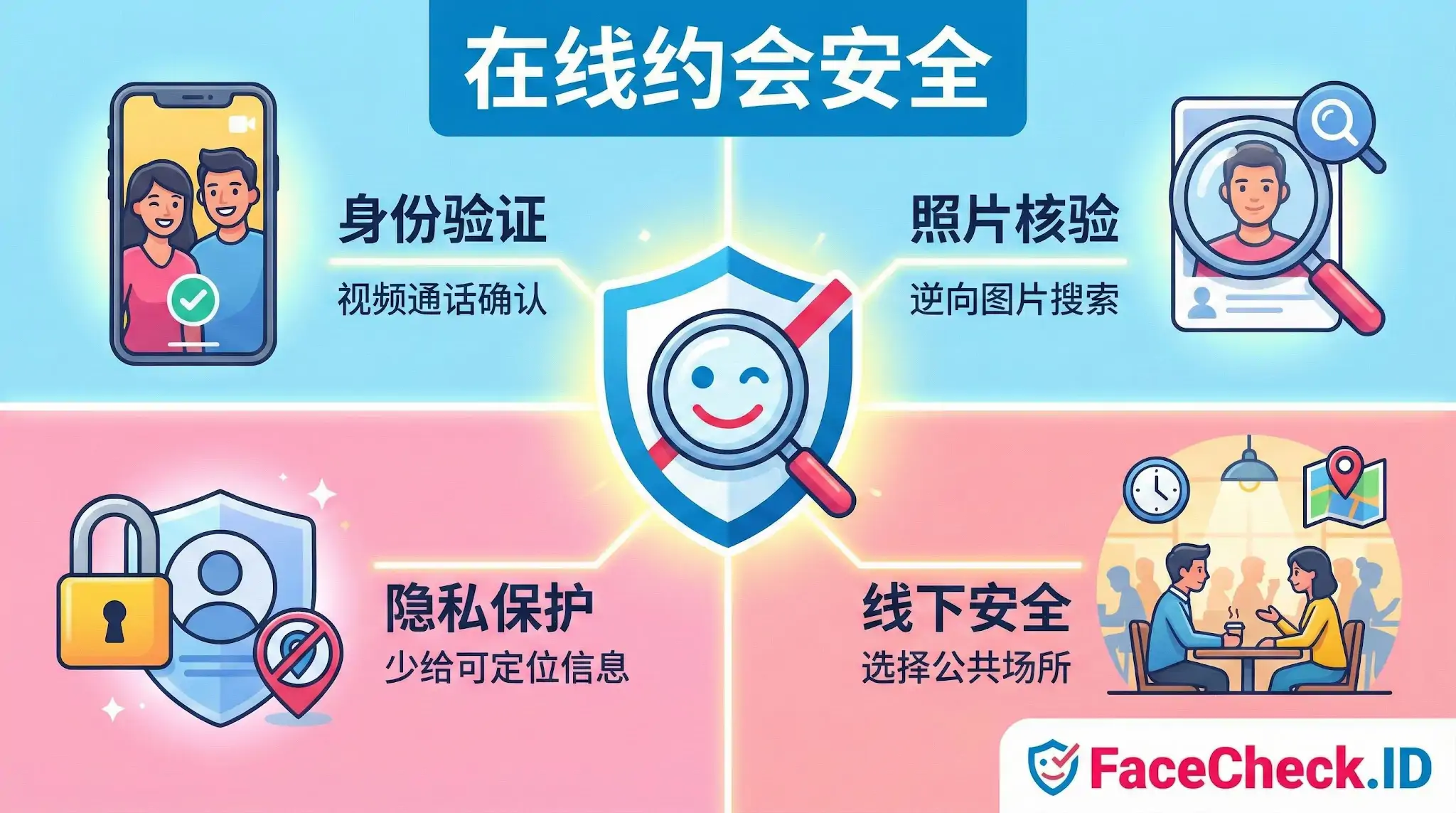 在线约会安全指南信息图，展示了四个关键步骤：通过视频通话进行身份验证，利用反向图片搜索进行照片核验，少给可定位信息以保护隐私，以及选择公共场所确保线下见面安全。FaceCheck.ID 出品。