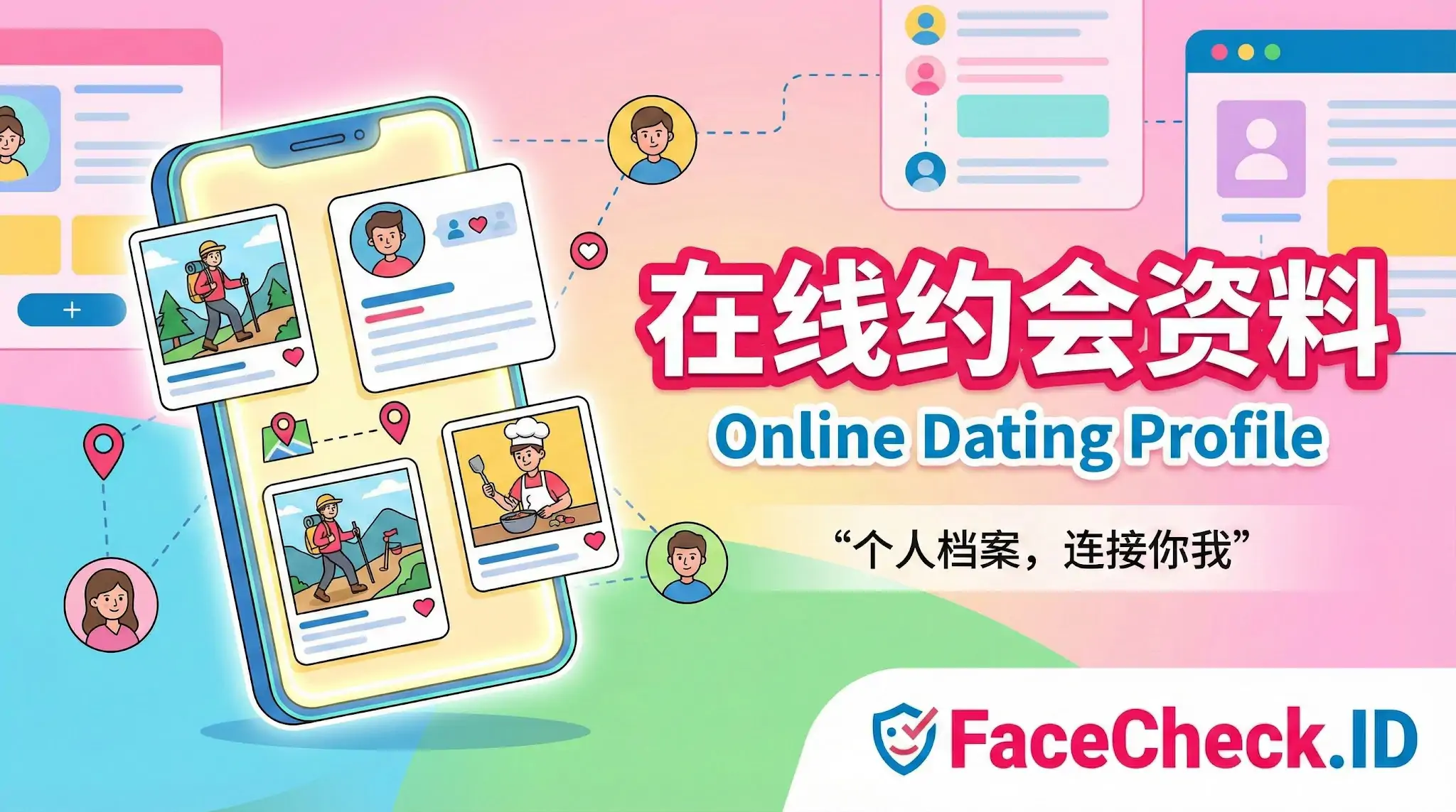 该插图展示了在线约会资料的概念，中心是一部智能手机显示多种用户个人档案和照片，如徒步旅行和烹饪。周围有连接不同用户头像的线条，红色和蓝色的大标题文字为“在线约会资料 Online Dating Profile”，底部带有FaceCheck.ID标志。