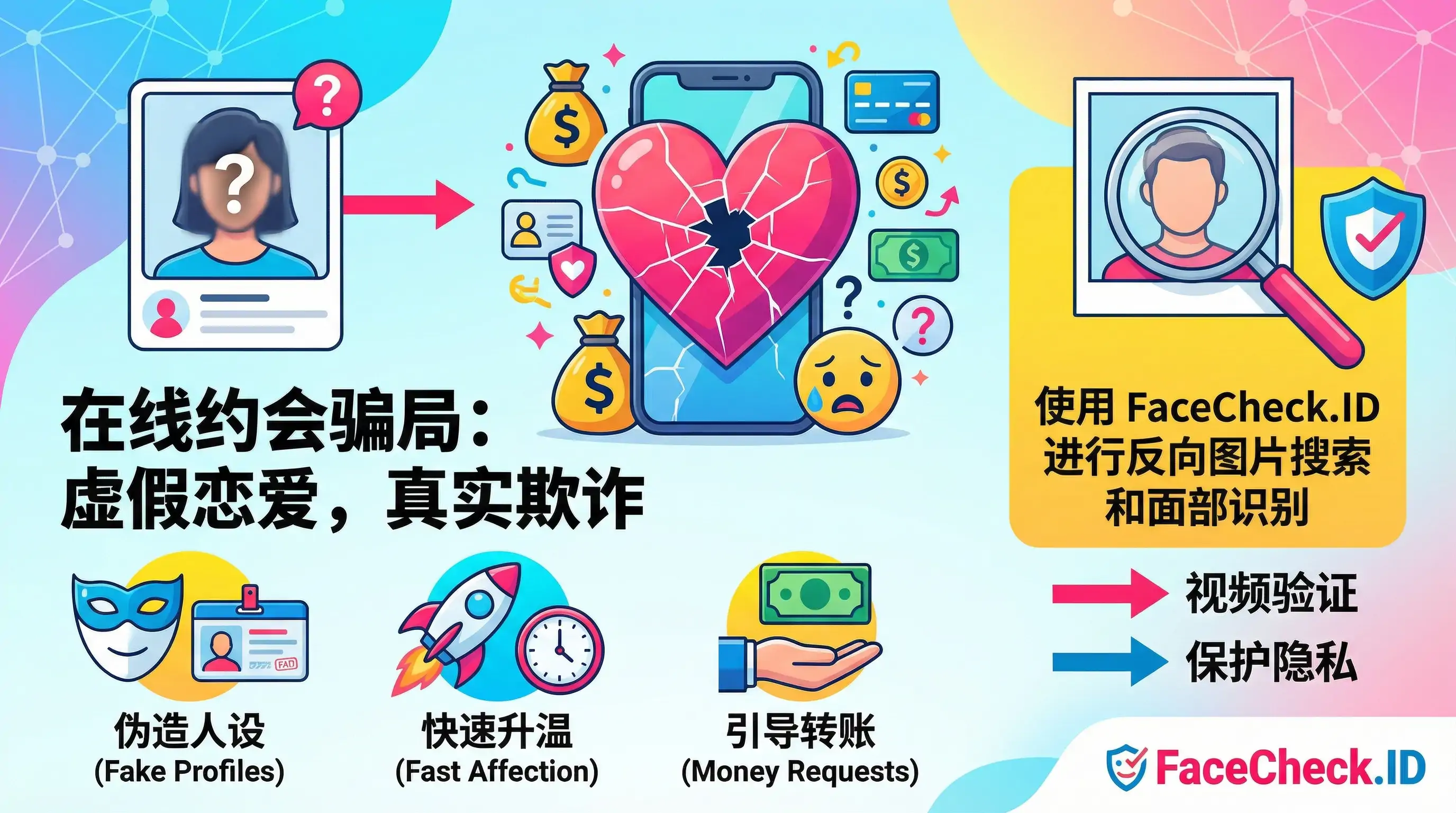 关于在线约会骗局的信息图，展示虚假个人资料导致金钱损失和心碎的过程，并推荐使用 FaceCheck.ID 进行反向图片搜索和面部识别以验证身份，避免伪造人设、快速升温的情感陷阱和引导转账的欺诈行为。