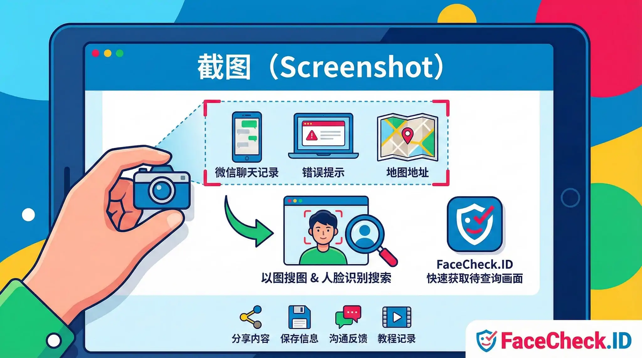 一张展示FaceCheck.ID功能的示意图，左侧有一只手拿着相机图标正在进行截图操作。图中列出了截图的三种用途：微信聊天记录、错误提示和地图地址。下方箭头指向人脸识别搜索功能，文案显示通过FaceCheck.ID可快速获取待查询画面并进行以图搜图。