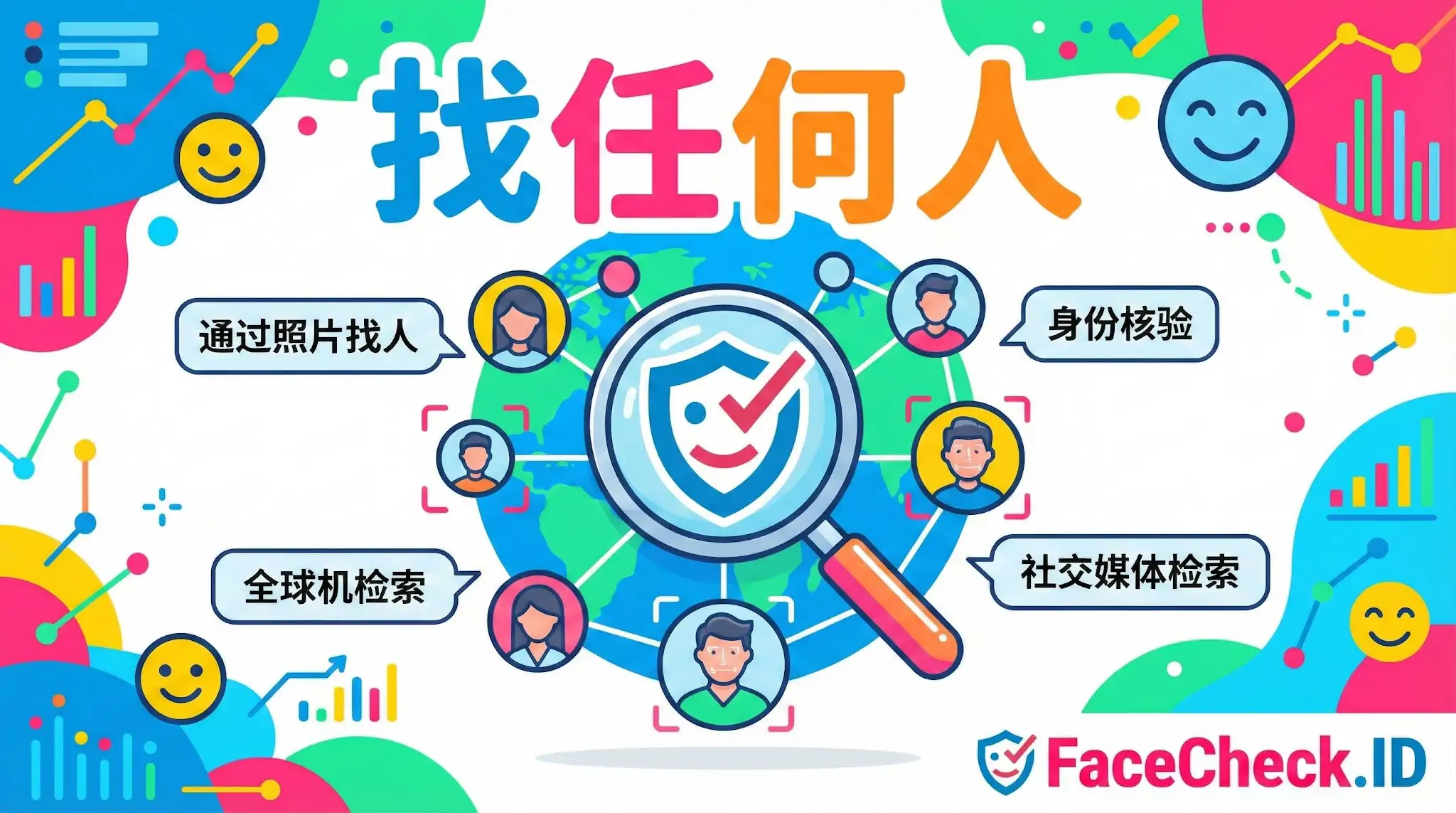 FaceCheck.ID 图解：以地球为背景，展示通过照片找任何人、身份核验、全球机检索和社交媒体检索功能的放大镜搜索插图