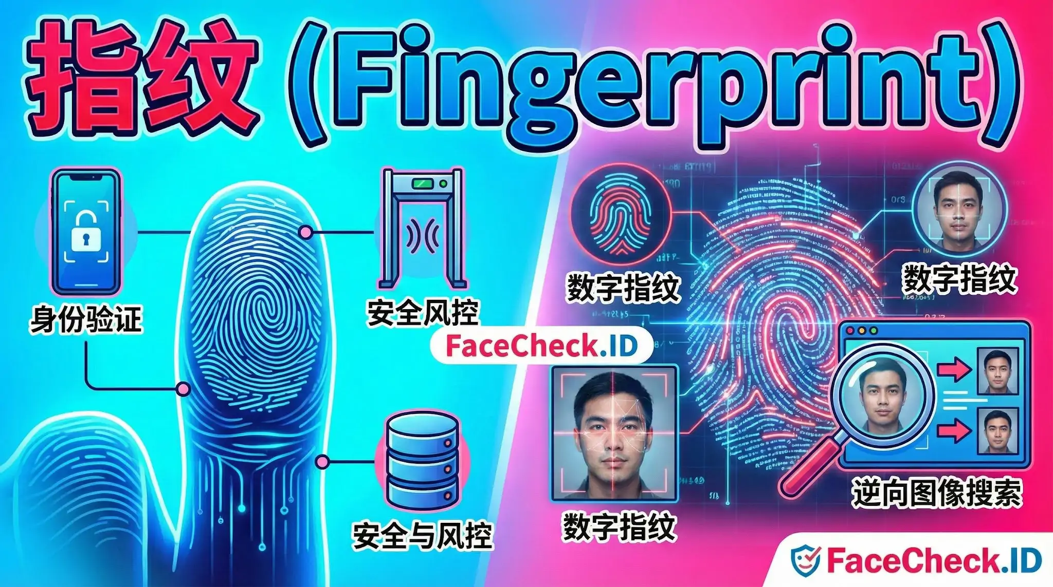 指纹技术应用图解，涵盖手机身份验证、安全风控、数据库存储，以及FaceCheck.ID的数字指纹和人脸识别逆向搜索功能。