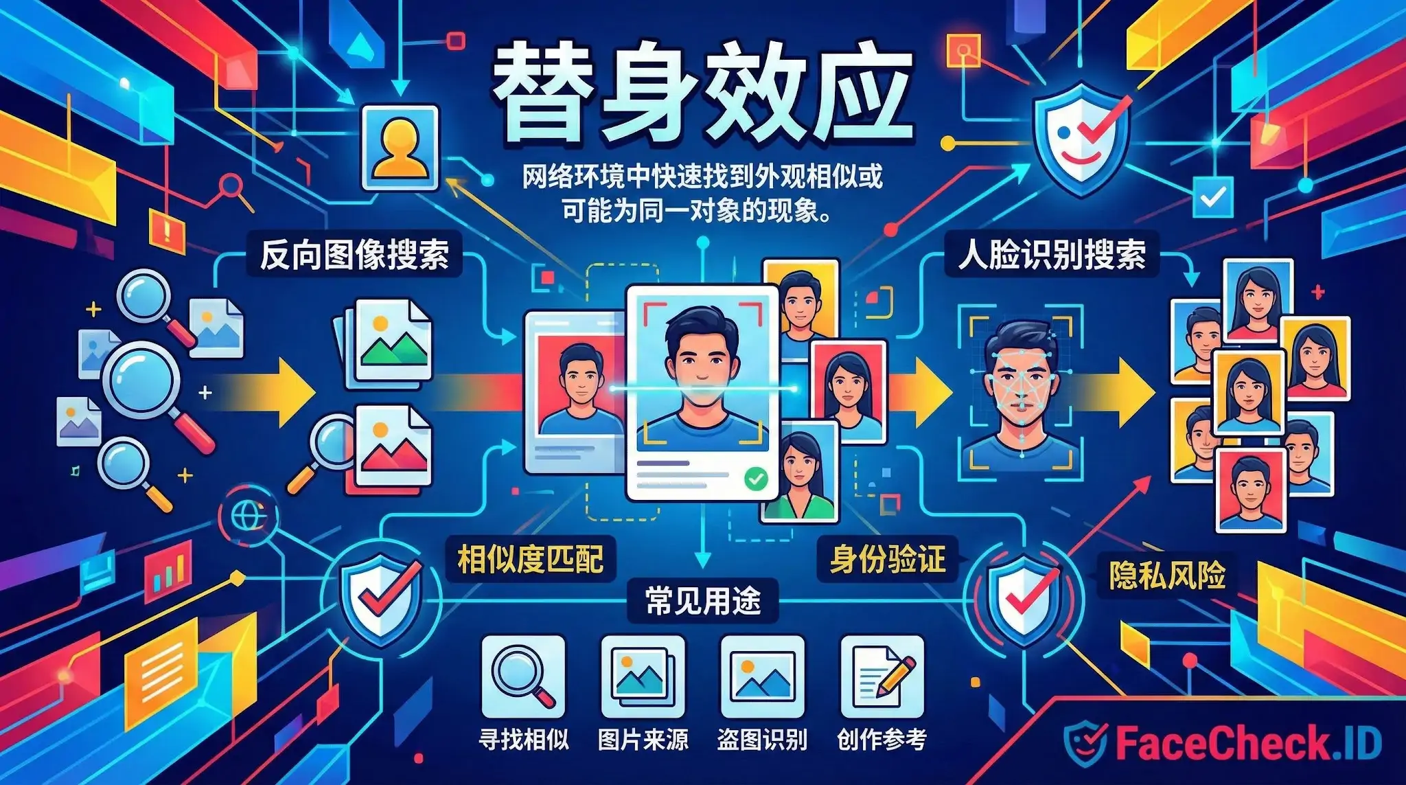 信息图：替身效应及其在网络中的应用，展示了反向图像搜索、人脸识别和相似度匹配的流程。图中列出了寻找相似图片、验证身份及隐私风险等常见用途，并包含FaceCheck.ID的标志。