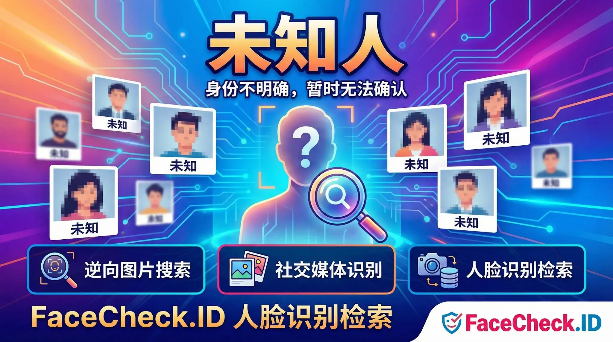 未知人身份不明的确切提示图，中心有一个带问号的通用头像，周围环绕多个像素化的脸部照片，均标记为“未知”。下方展示三种搜索方式图标：逆向图片搜索、社交媒体识别和人脸识别检索，宣传 FaceCheck.ID 服务功能。