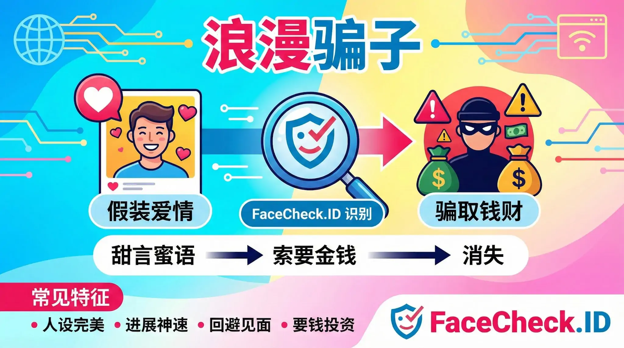FaceCheck.ID 防骗指南：揭露浪漫骗子杀猪盘套路，识别假装爱情、甜言蜜语的诈骗犯，警惕人设完美但回避见面的索要金钱行为。