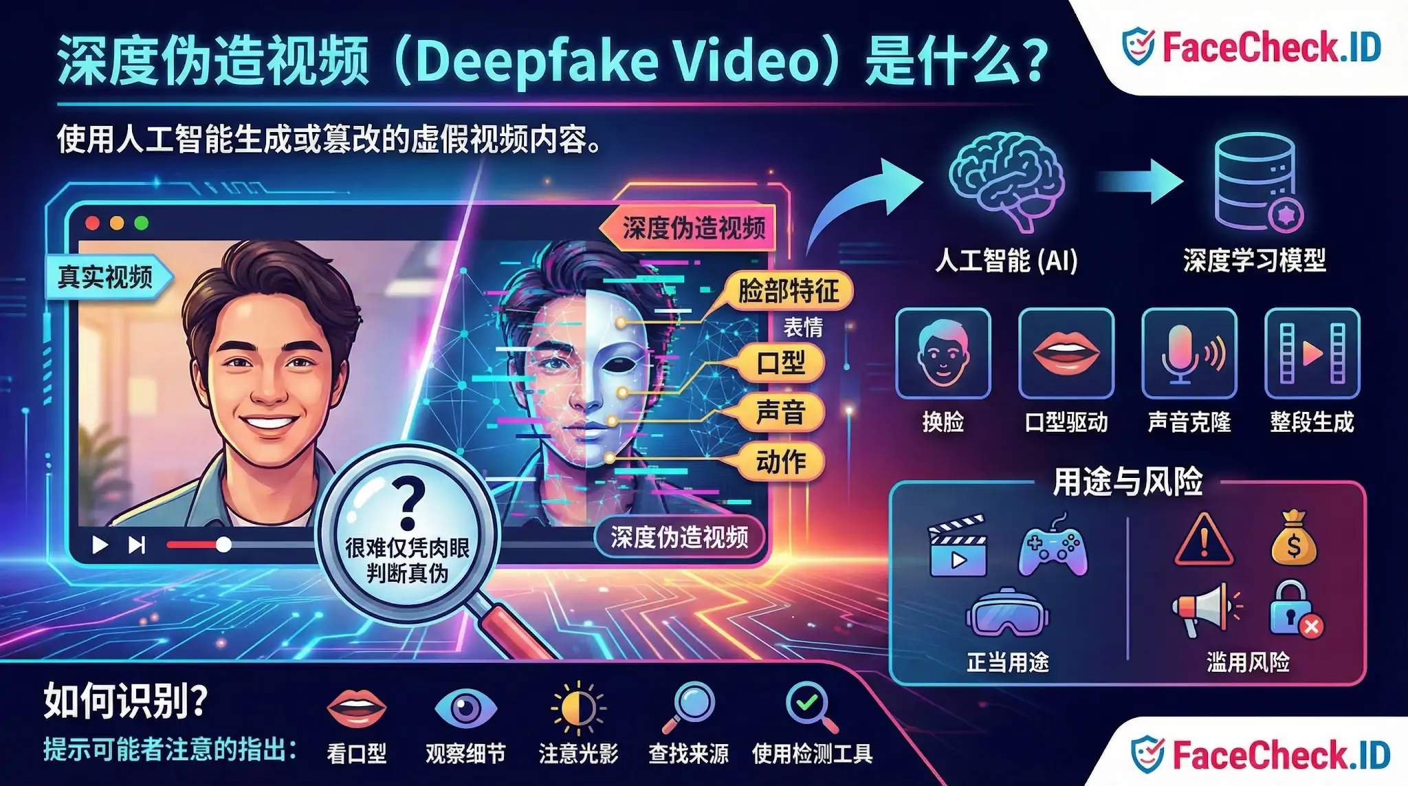 信息图解释深度伪造视频（Deepfake Video）是利用人工智能生成的虚假内容，展示了从真实视频到AI换脸、声音克隆的过程，并列举了正当用途与滥用风险，以及如何通过观察口型和光影等细节来识别伪造视频。