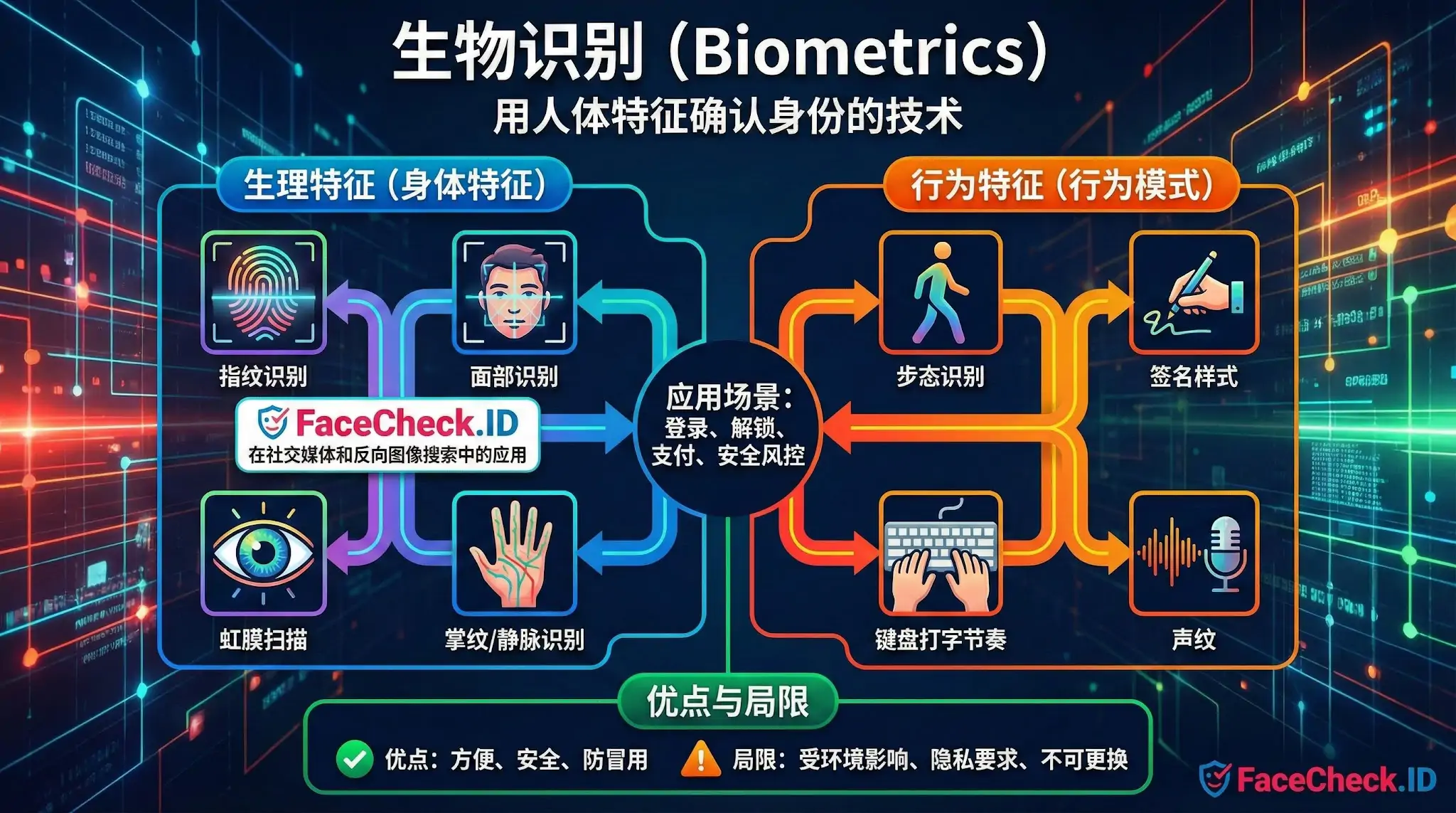 生物识别技术分类图表：涵盖指纹、面部识别等生理特征和步态、声纹等行为特征及应用场景