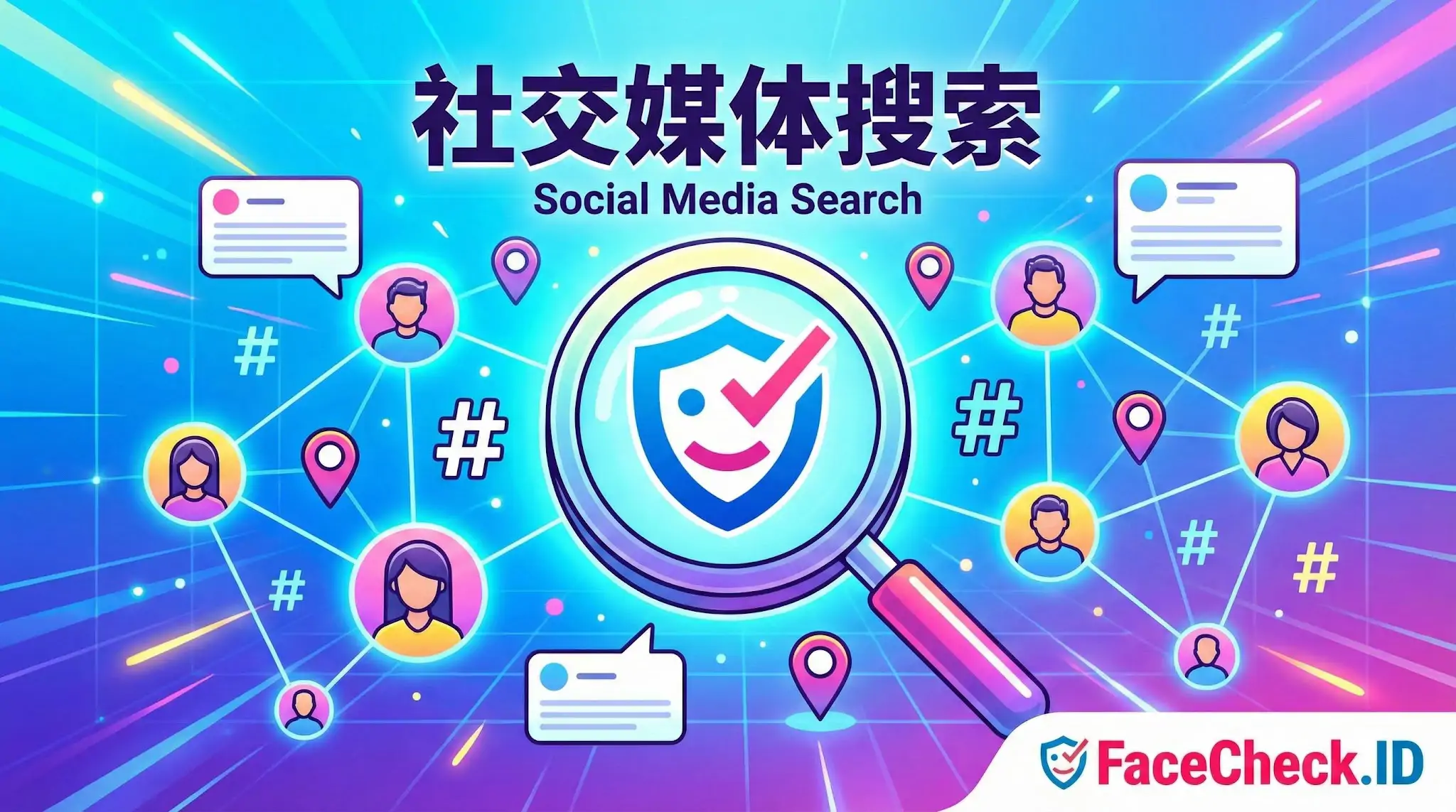 社交媒体搜索概念插图，中心是一个带有微笑盾牌图标的放大镜，周围连接着多个用户头像、标签符号和地理位置标记，展示了 FaceCheck.ID 的网络搜索功能。