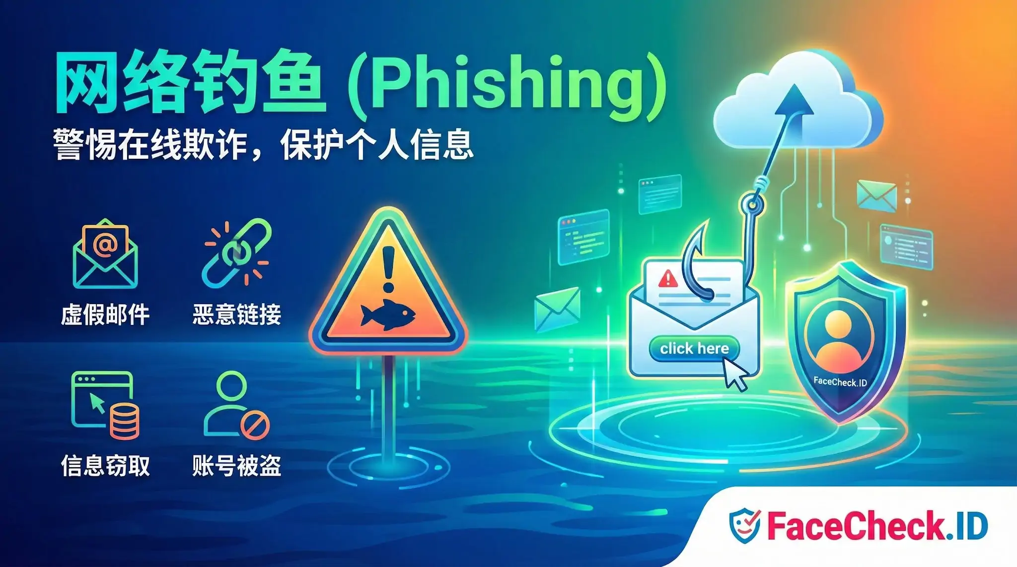 网络钓鱼（Phishing）警示图：展示鱼钩从云端垂下试图钩取带有“点击这里”的邮件信封，周围环绕着虚假邮件、恶意链接、信息窃取和账号被盗的图标及警告标志。