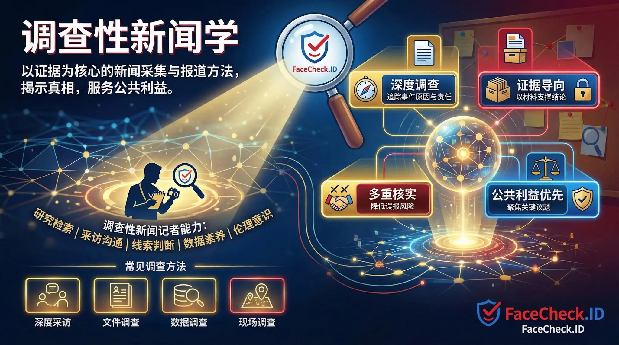图解调查性新闻学核心概念与方法，展示放大镜下的四大原则：深度调查、证据导向、多重核实、公共利益优先，以及底部列出的文件调查与现场调查等常见手段。