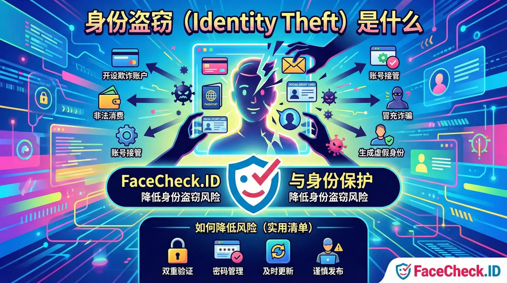 身份盗窃（Identity Theft）信息图：FaceCheck.ID展示账户接管、欺诈账户等风险与防御措施
