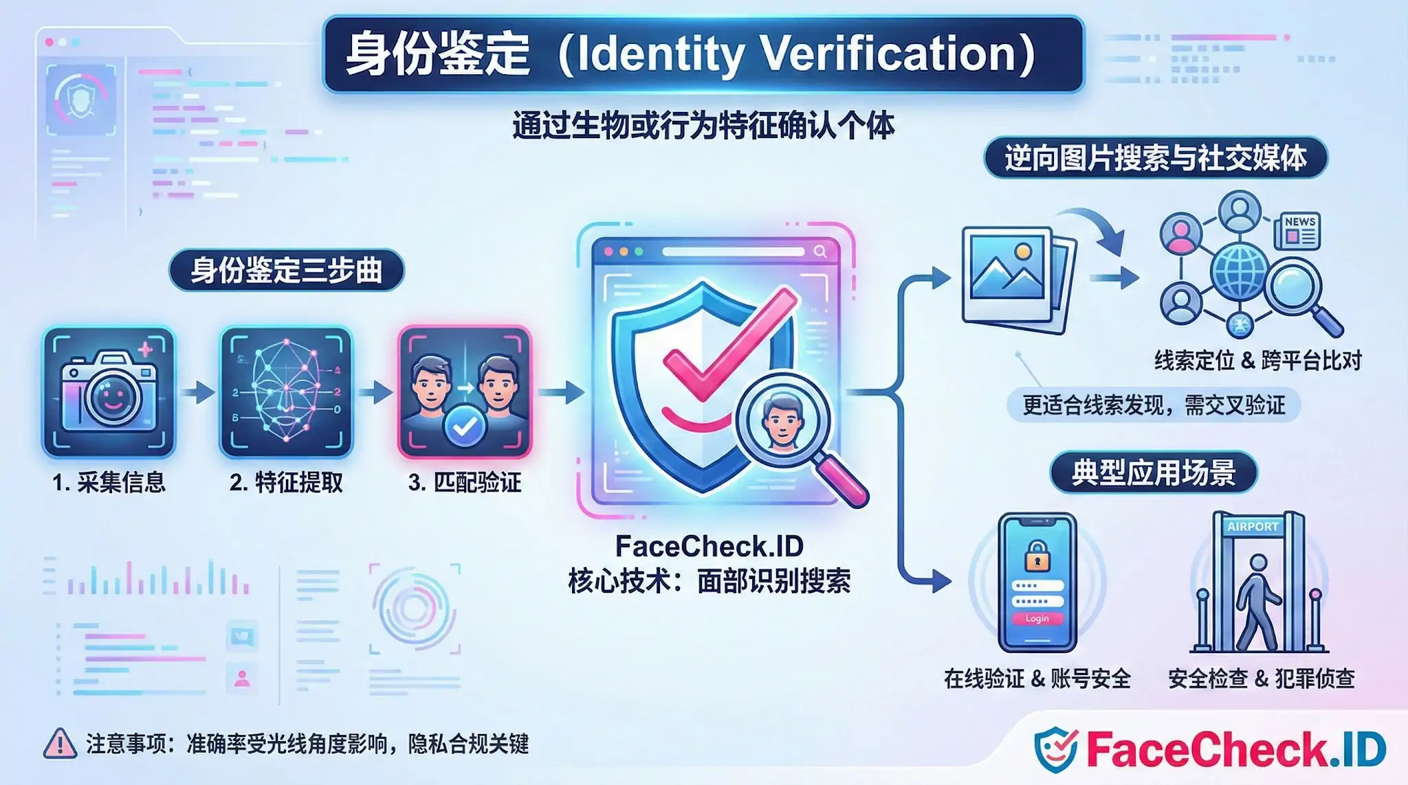 FaceCheck.ID身份鉴定技术流程图，展示面部识别搜索的三步曲：采集信息、特征提取与匹配验证，及其在在线安全与反向图片搜索中的应用场景。