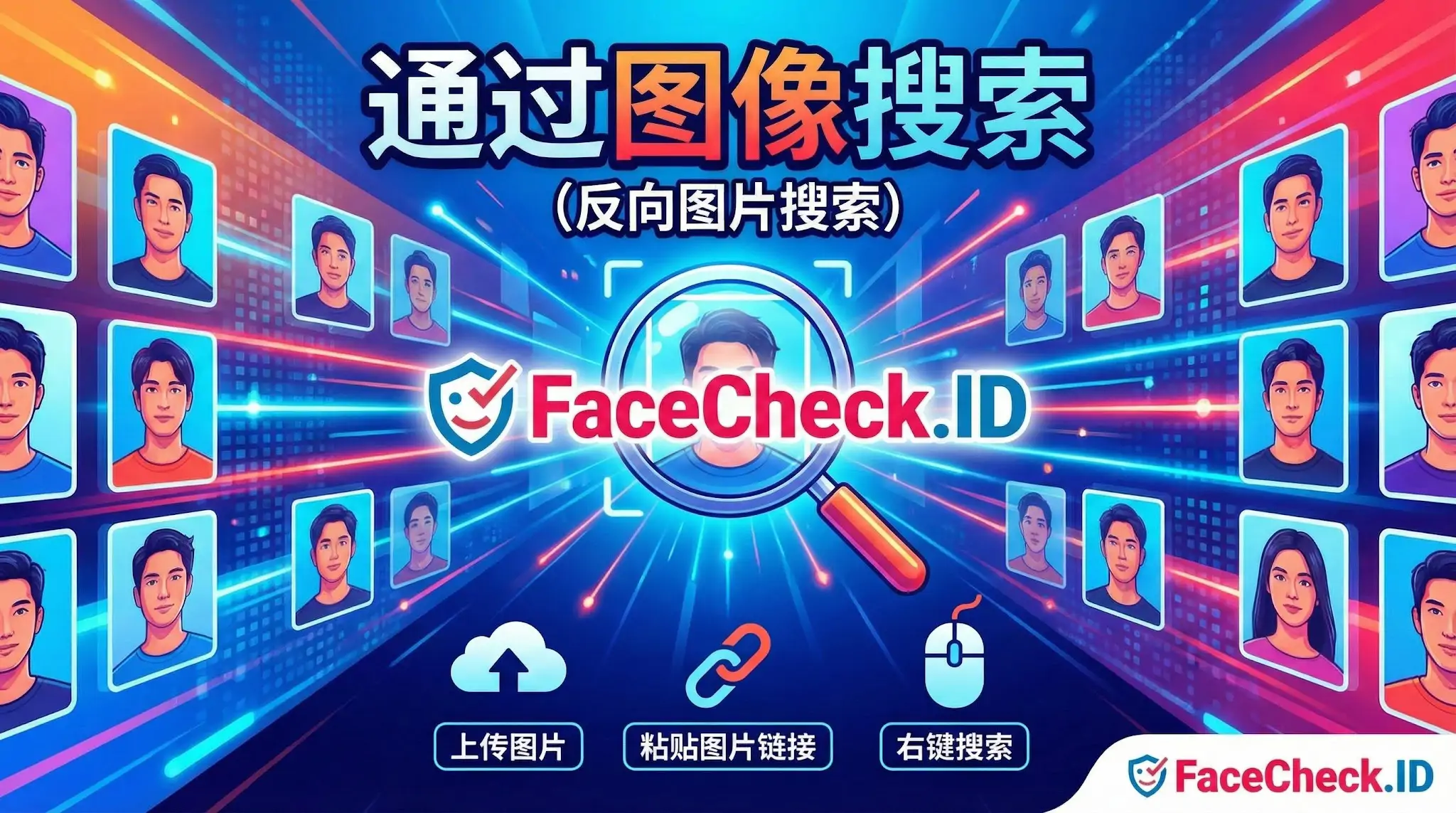 FaceCheck.ID 使用说明海报，通过图像搜索人脸。图中有个放大镜正在扫描头像，背景是多个头像排列。底部展示三种搜索方式：点击云图标上传图片、使用回形针图标粘贴图片链接、以及通过鼠标图标进行右键搜索。