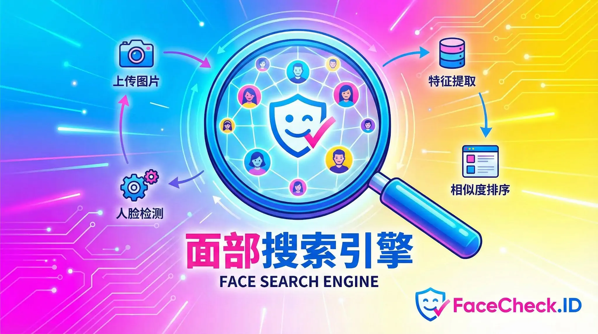 FaceCheck.ID面部搜索引擎工作原理图解，展示了从上传图片、人脸检测、特征提取到相似度排序的完整面部识别搜索流程。
