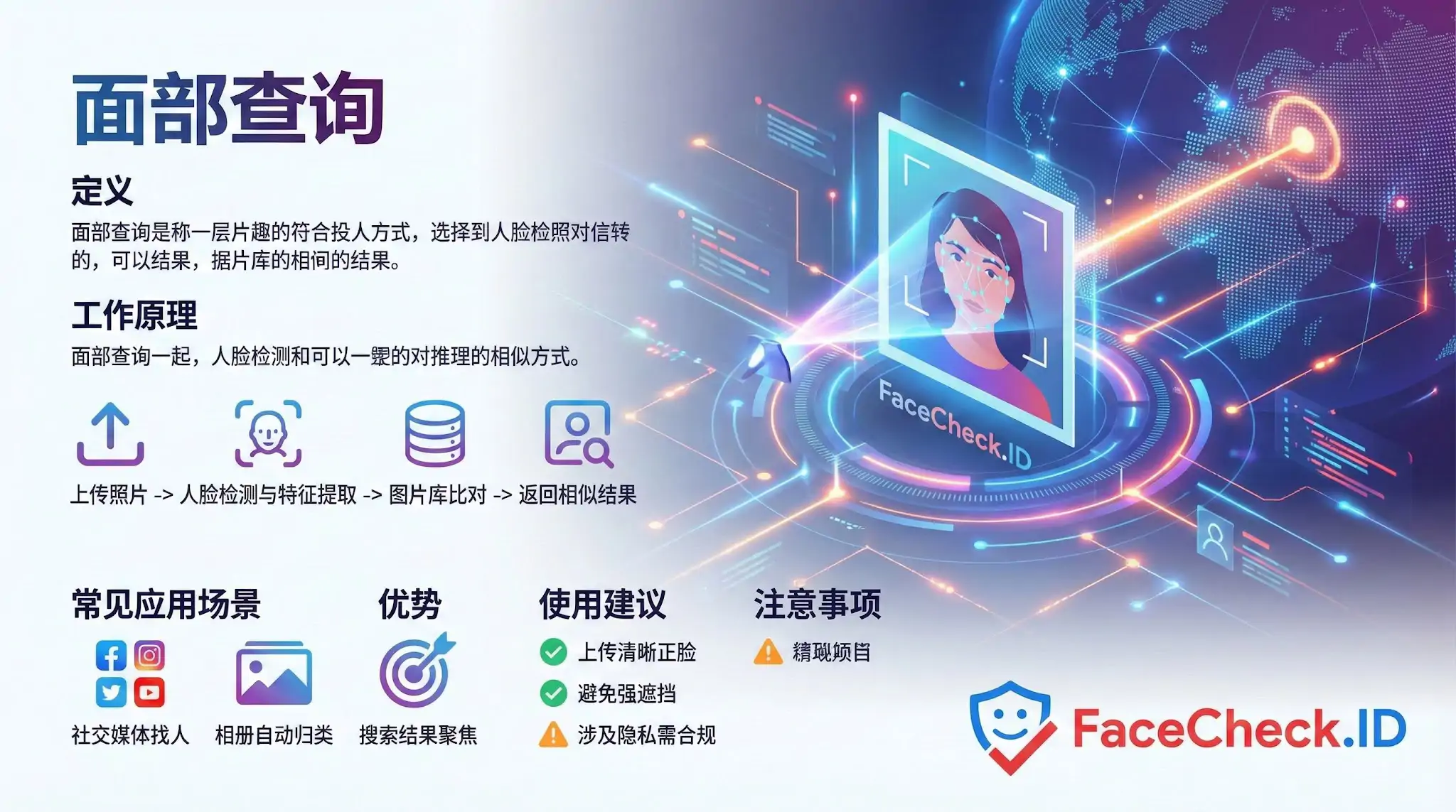 面部查询技术信息图：展示人脸检测与比对流程的工作原理，包括上传照片、提取特征、数据库比对和返回相似结果的步骤，同时列出了FaceCheck.ID在社交媒体找人、相册归类等常见应用场景、优势及使用建议。