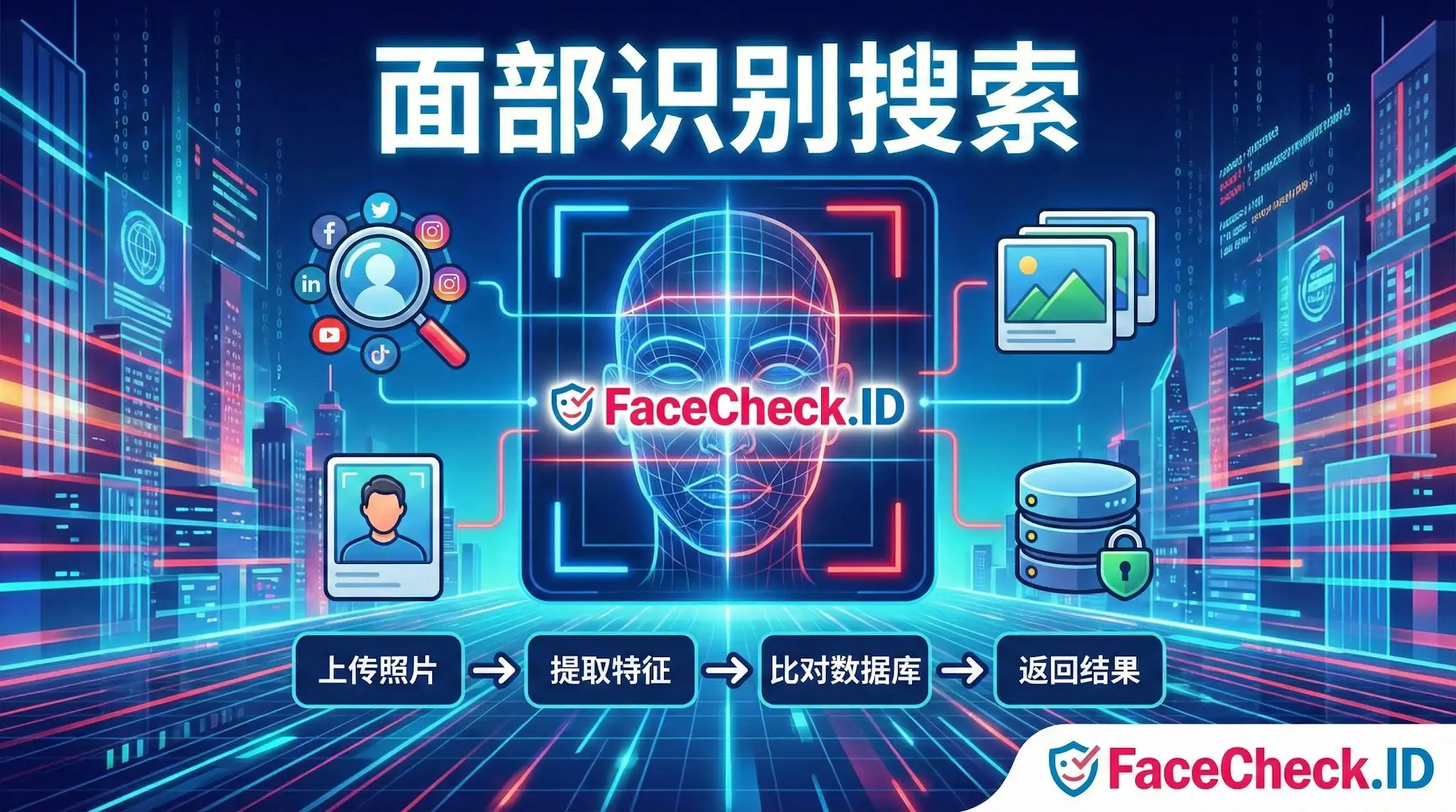 面部识别搜索流程图，展示了FaceCheck.ID的工作原理：从上传照片开始，经过提取面部特征、扫描海量数据库，最终返回包含社交媒体资料和网络图片的搜索结果。